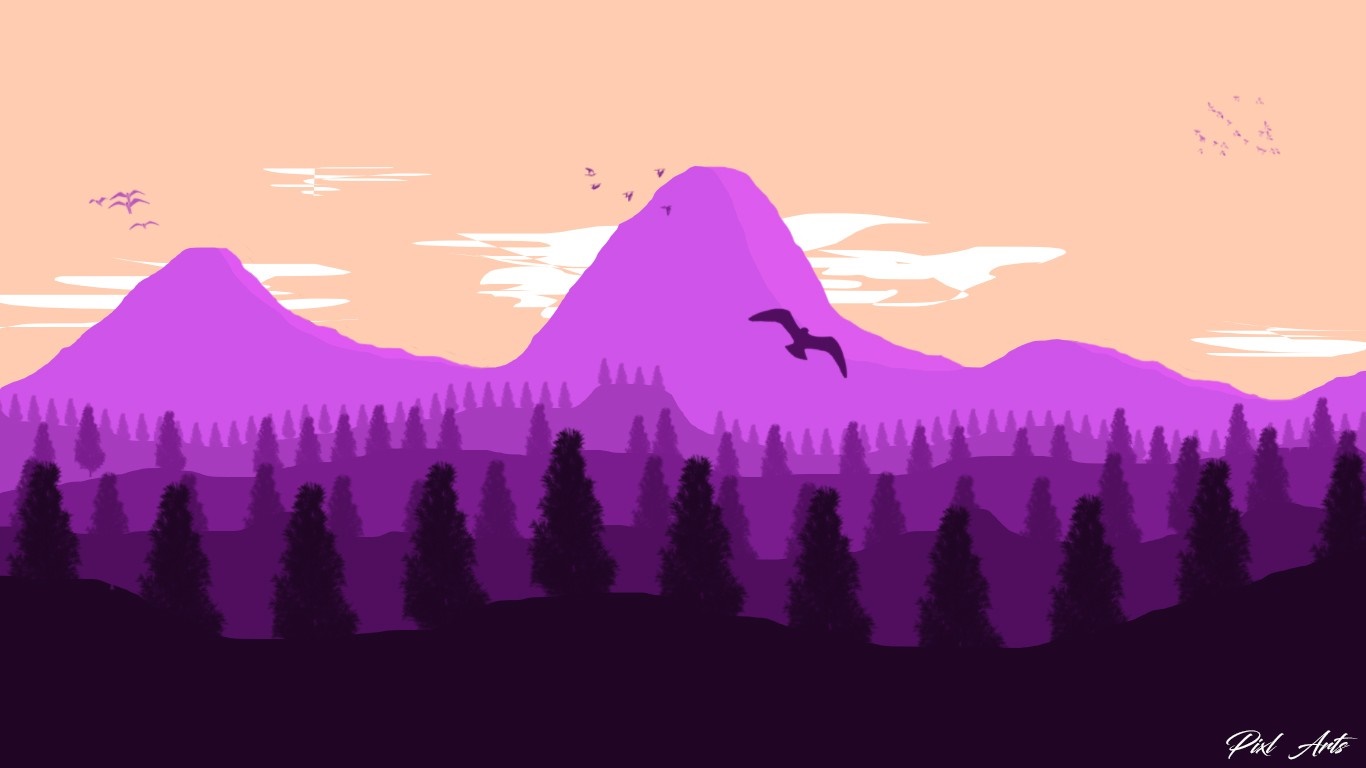Purple mountains and forest landscape with birds HD Wallpaper