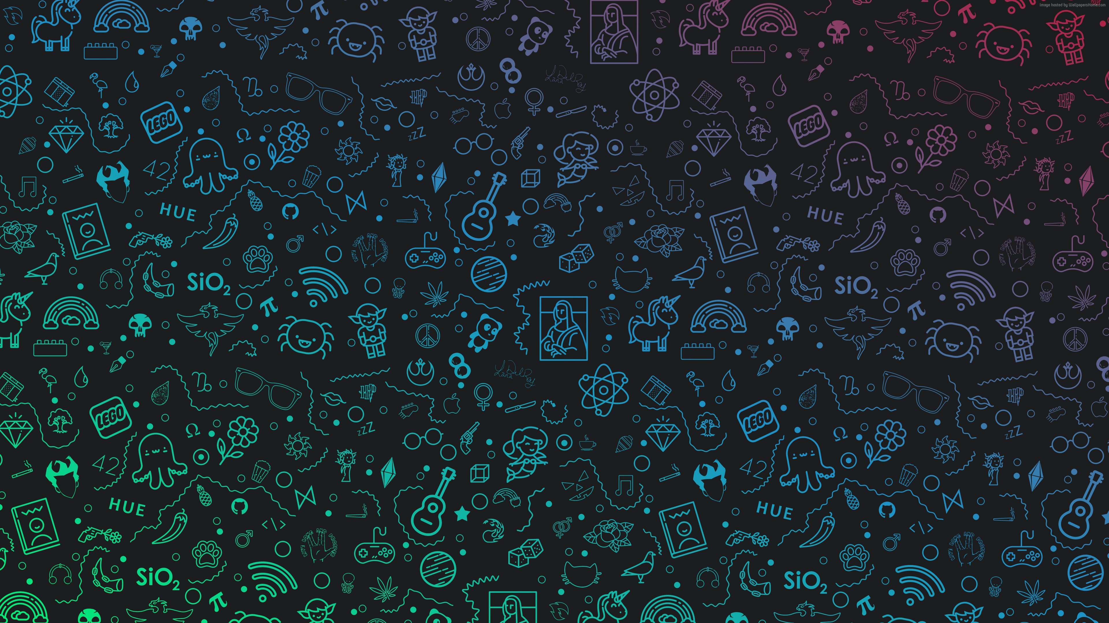 Abstract pattern of icons with colorful gradient on dark background 4K HD Wallpaper