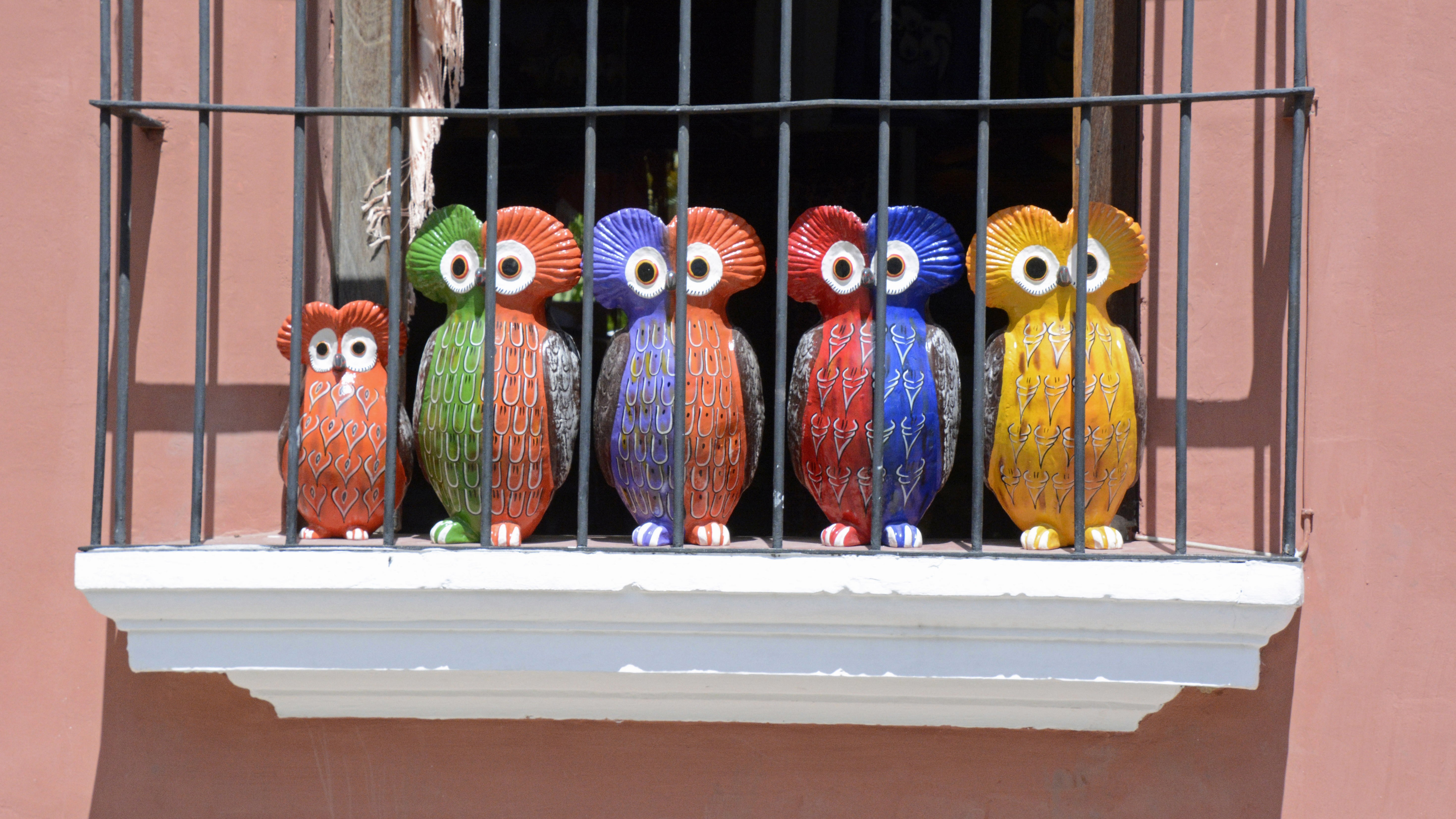 Colorful ceramic owls on a balcony HD Wallpaper