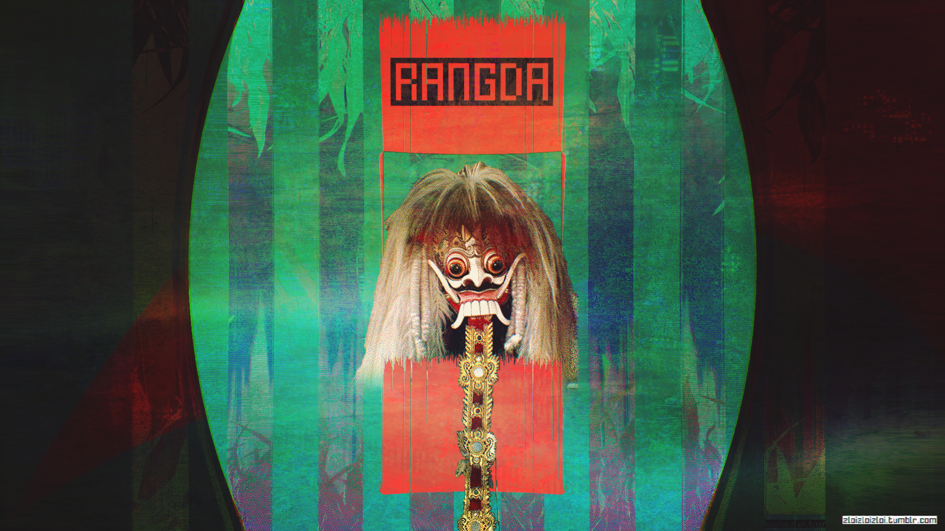 Rangda mask with red banner and green background HD Wallpaper