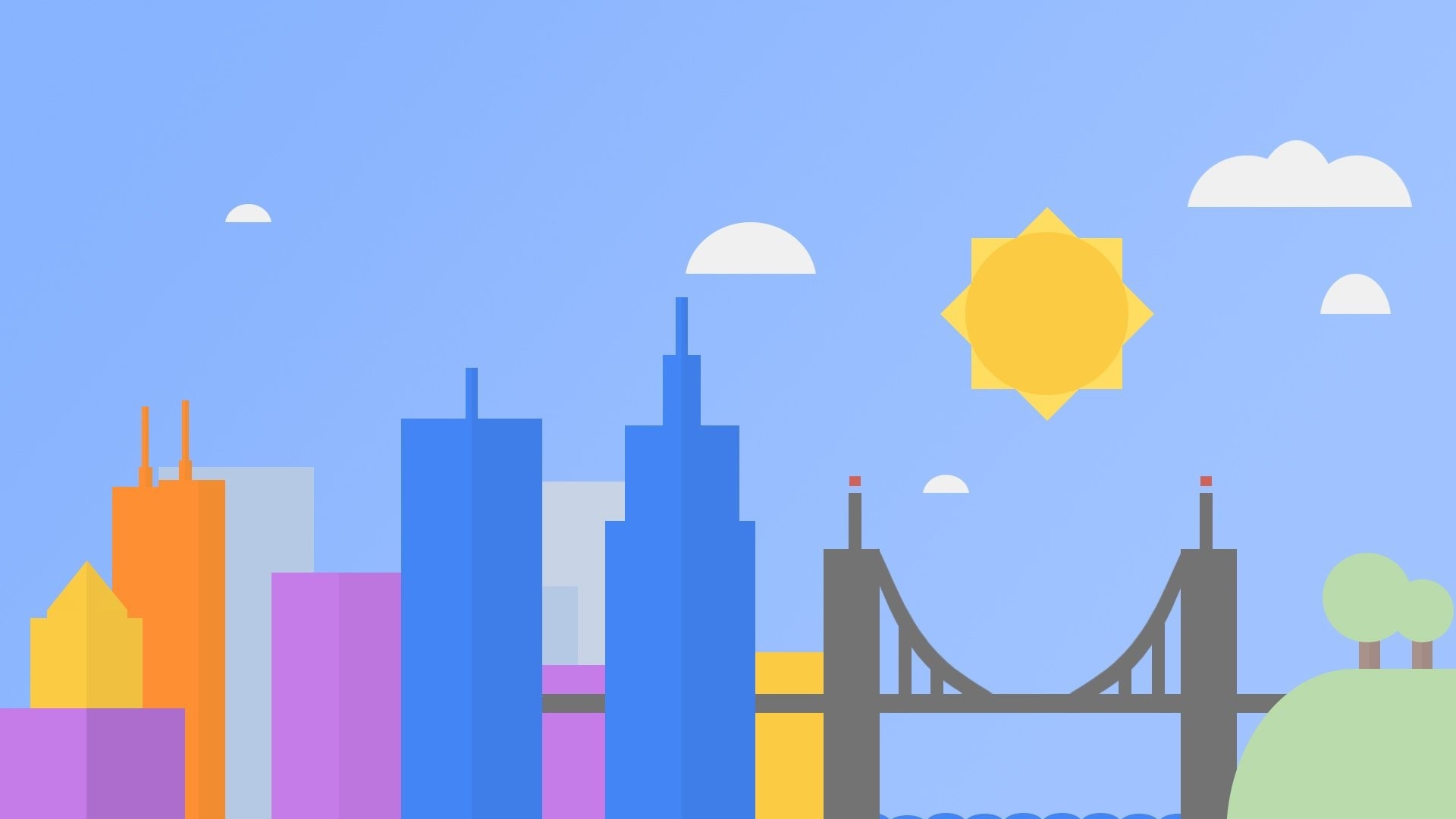 Minimalist cityscape with skyscrapers, bridge, sun, and clouds HD Wallpaper