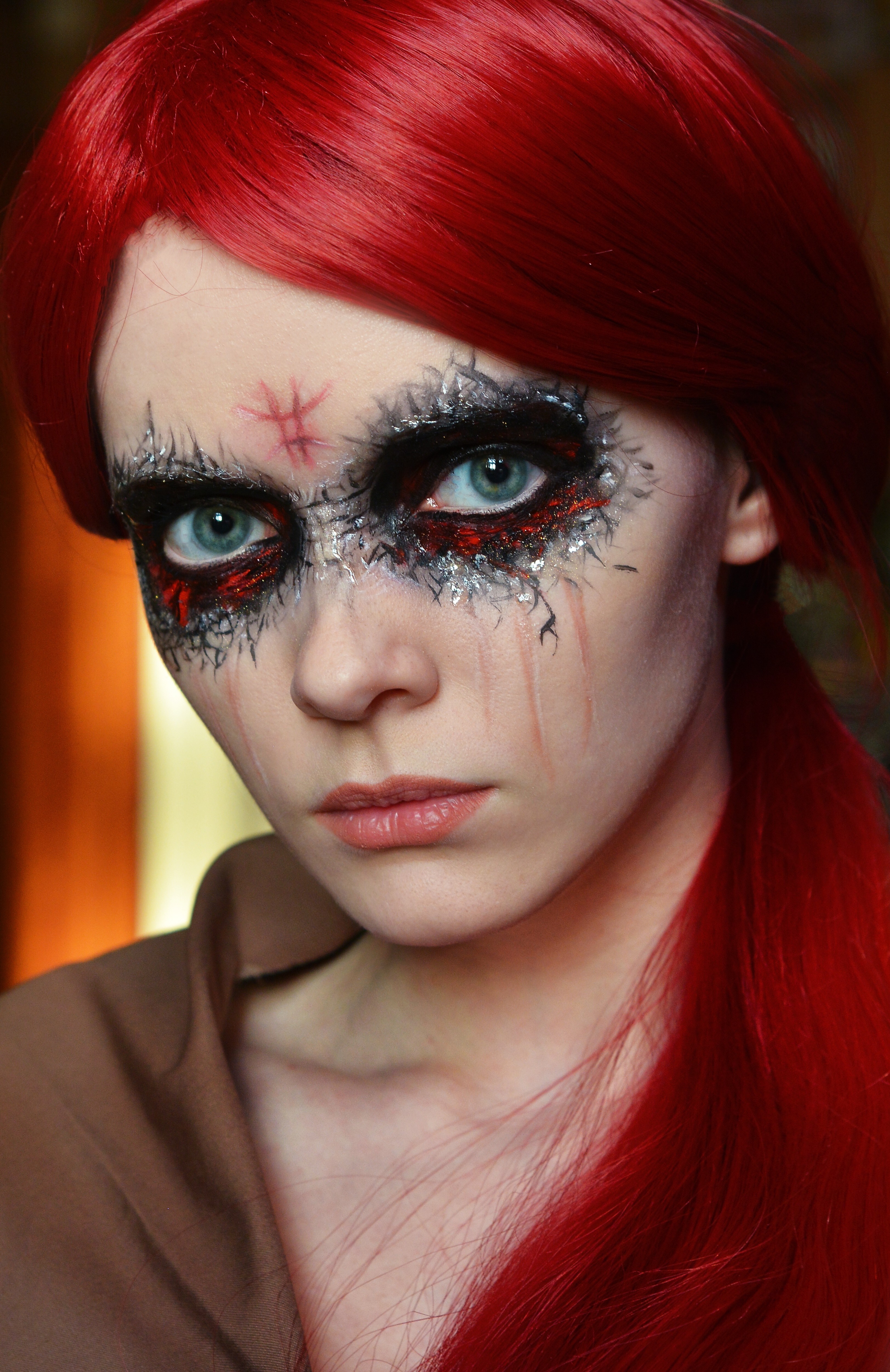 Woman with red hair and elaborate face paint HD Wallpaper