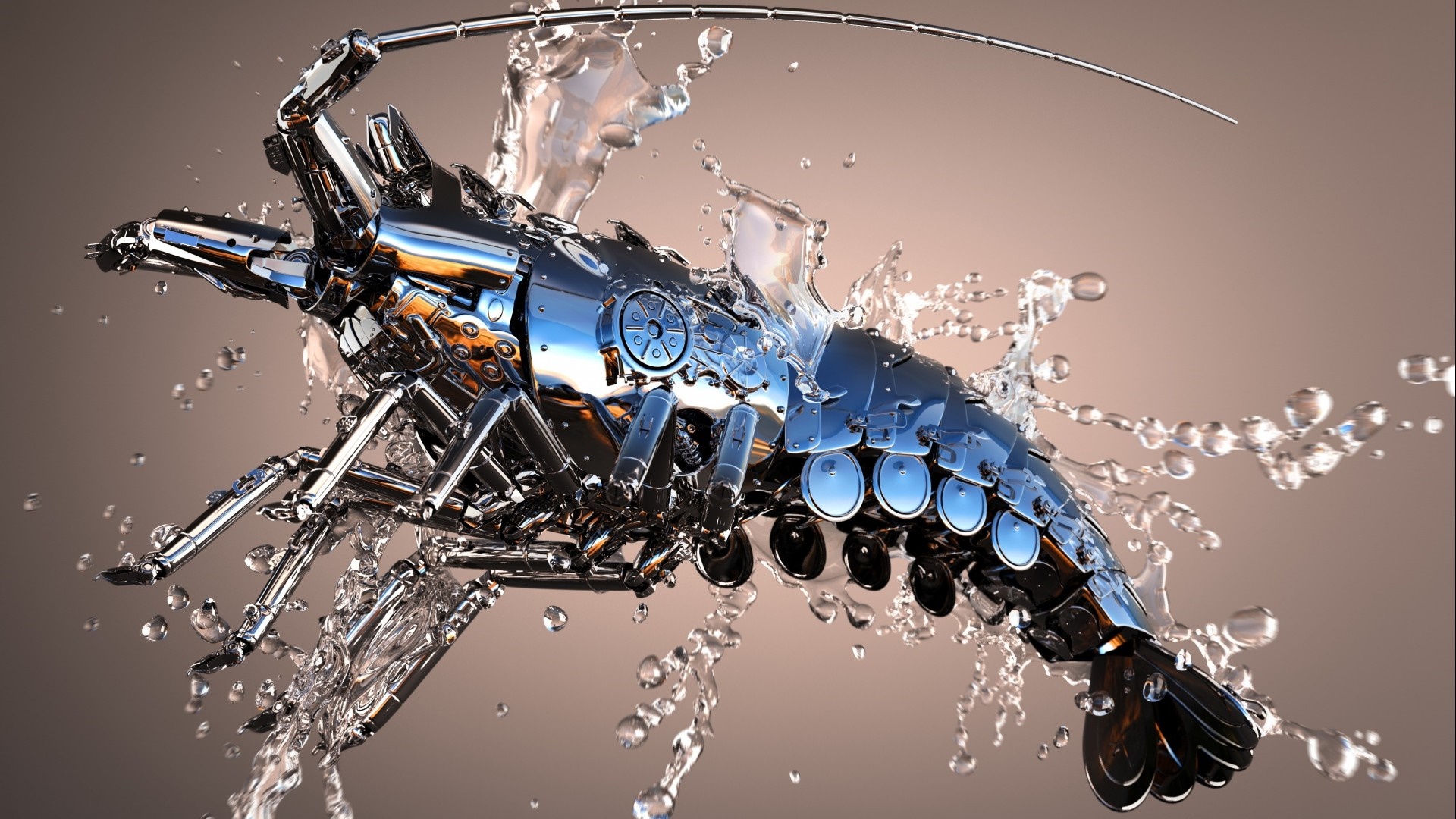 Mechanical lobster with water splashes HD Wallpaper