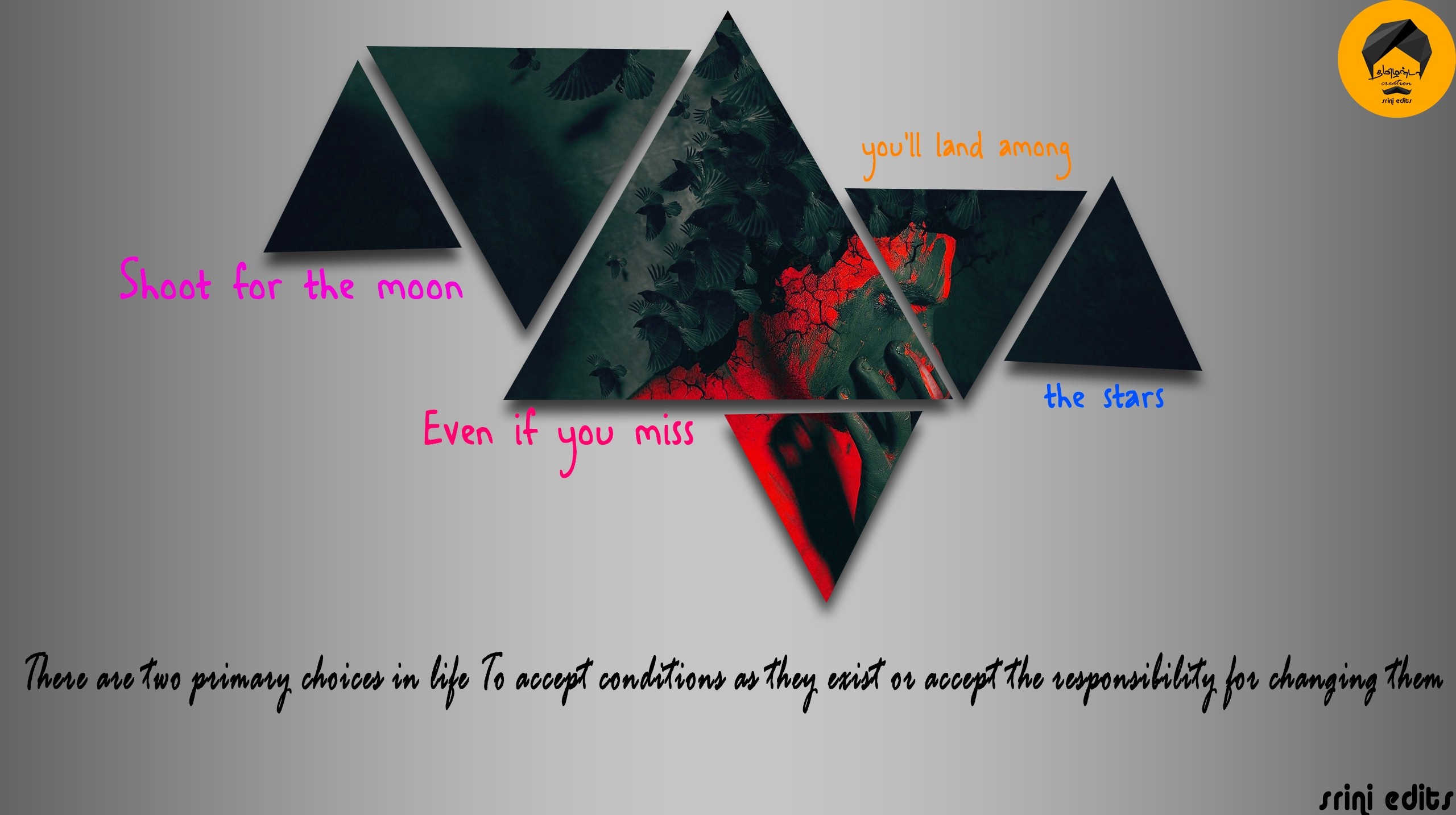 Motivational quote with abstract geometric shapes and a logo HD Wallpaper