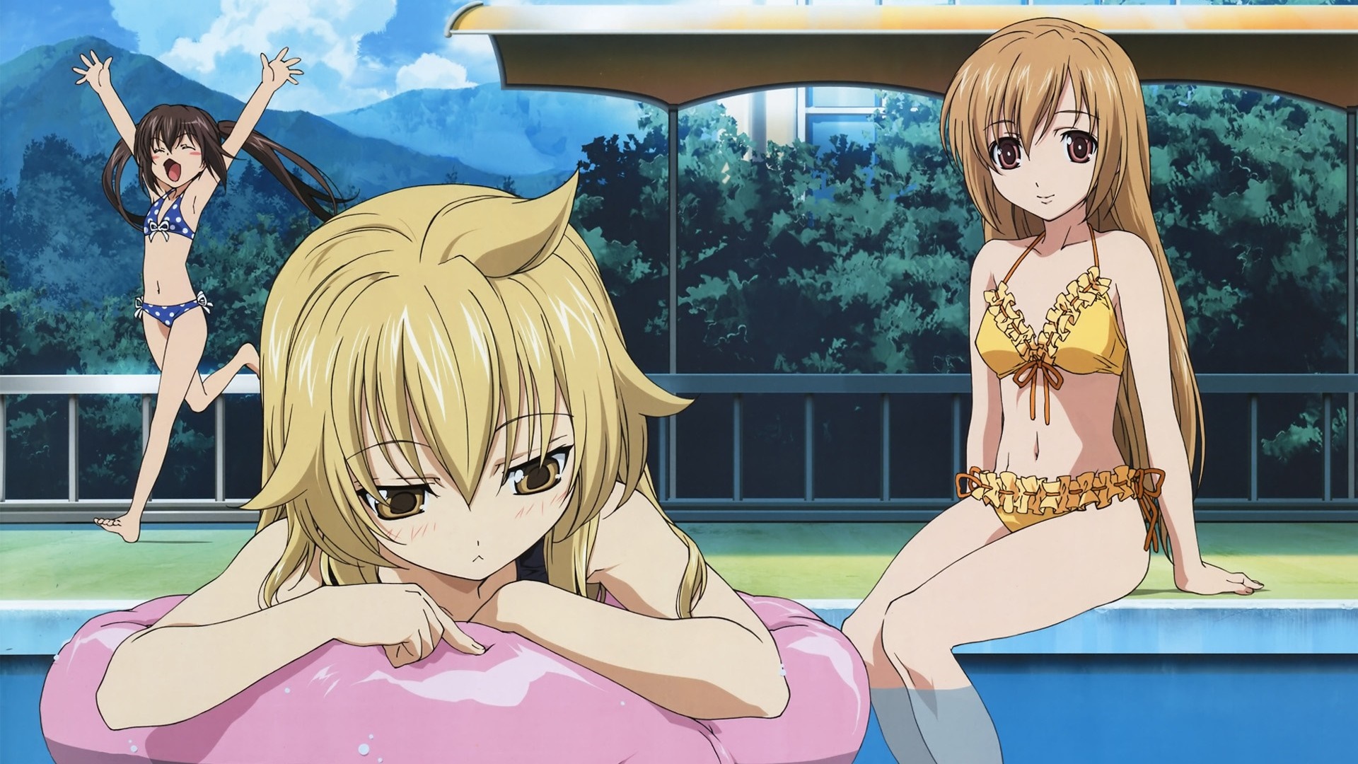 Three anime girls in swimsuits by a pool HD Wallpaper