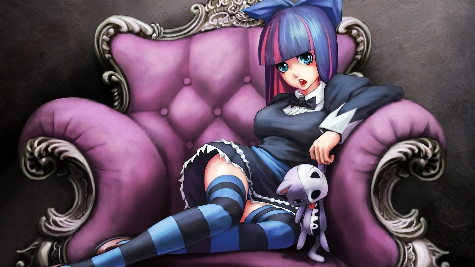 Anime girl with blue and pink hair on a purple chair HD Wallpaper