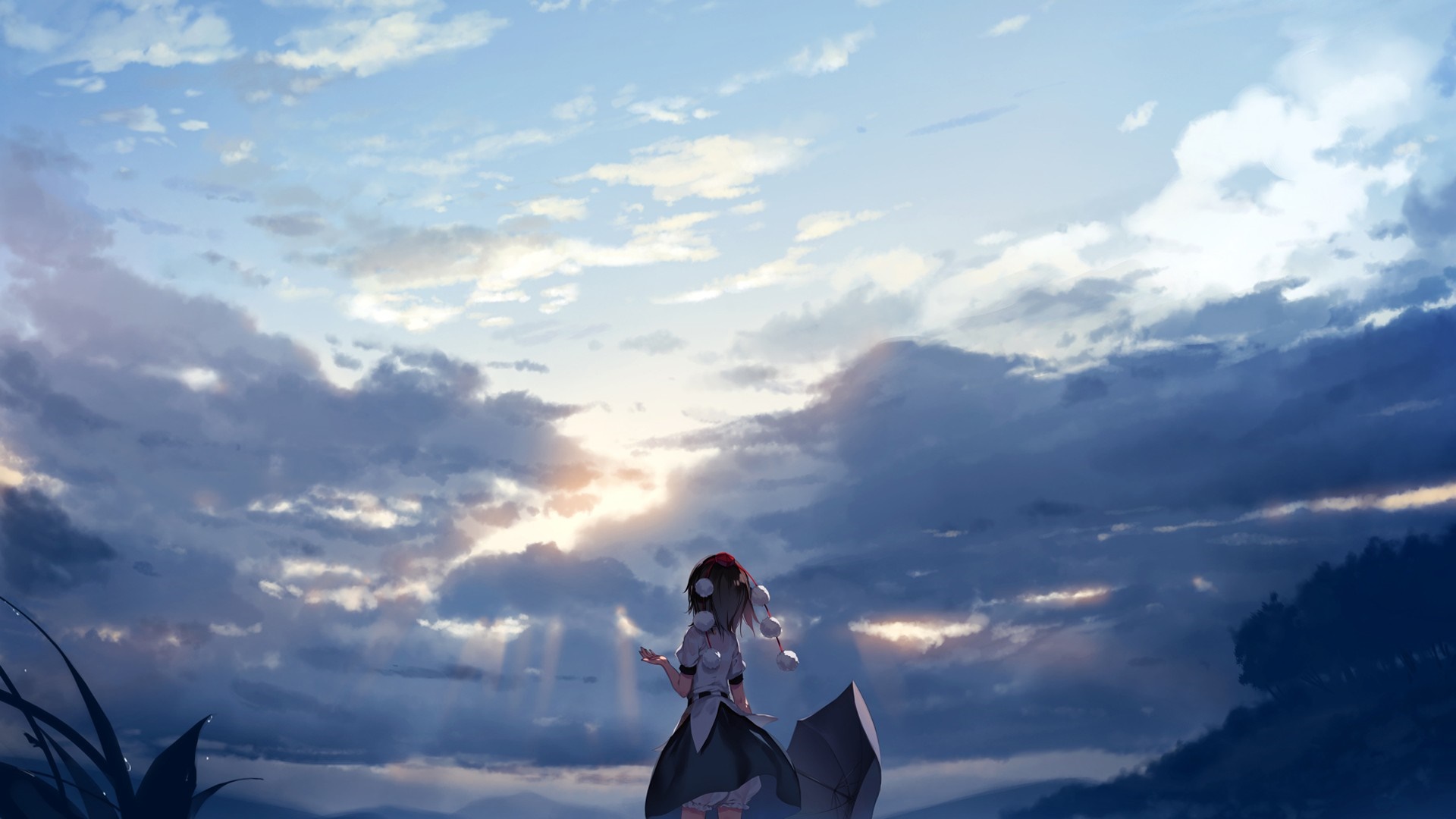 Anime girl with umbrella under cloudy sky HD Wallpaper
