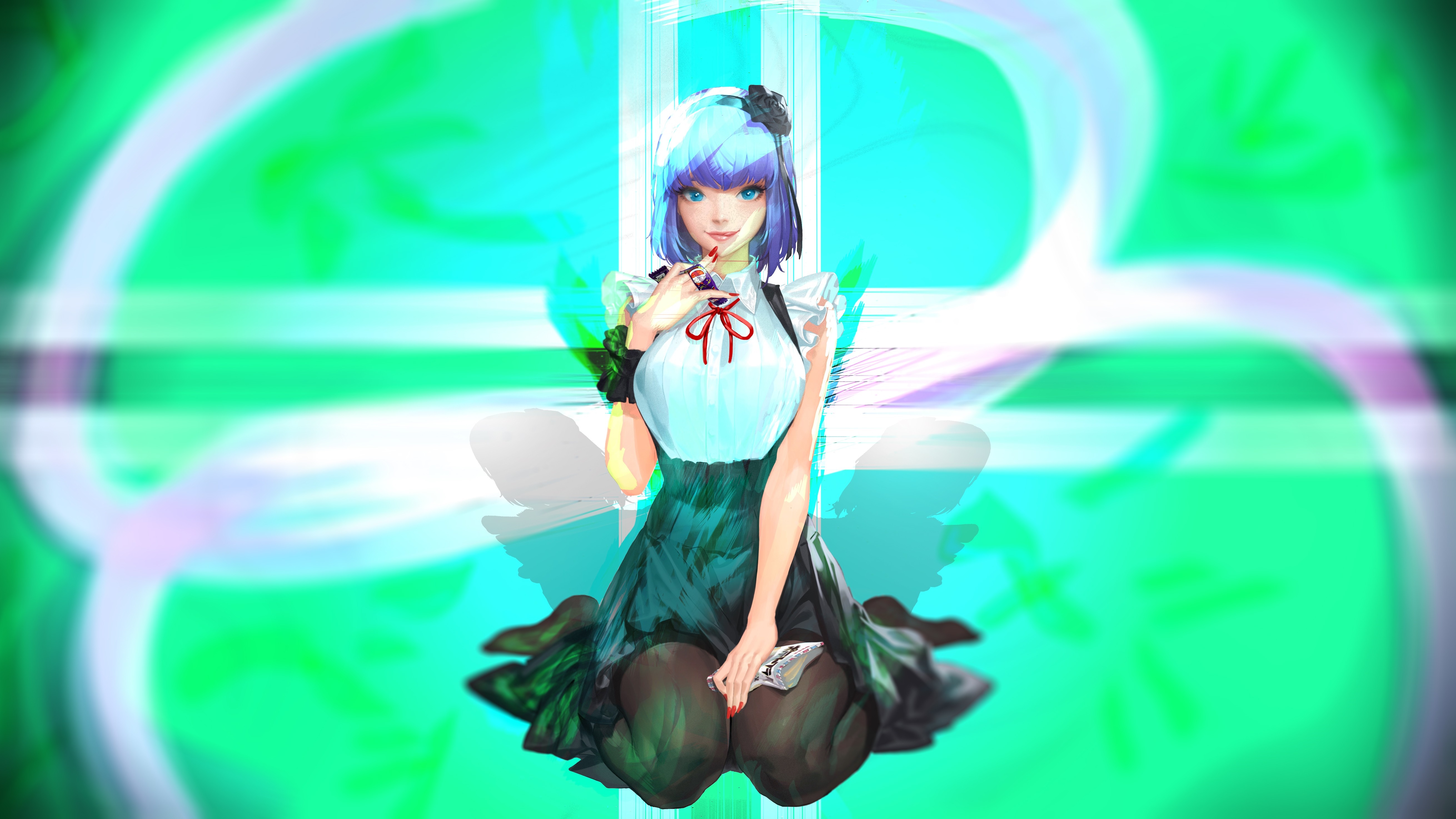 Anime girl with blue hair in a maid outfit HD Wallpaper