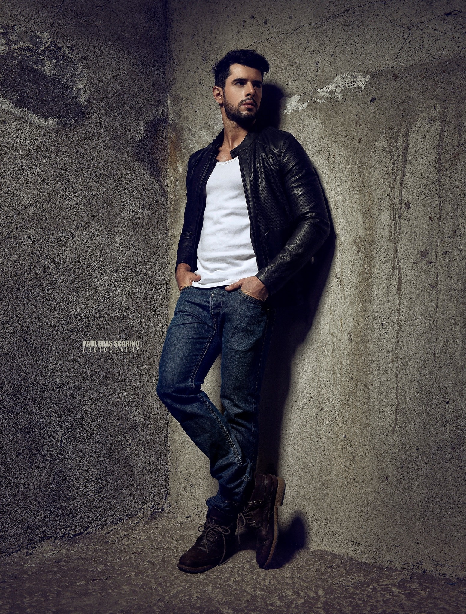 Man in leather jacket and jeans by Paul Egas Scarino HD Wallpaper