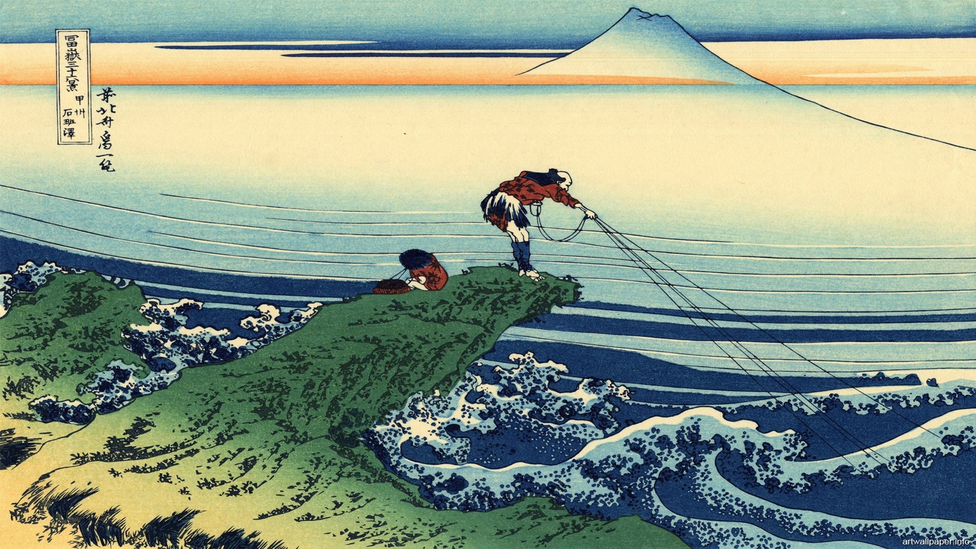 Fishermen fishing from a cliff with Mount Fuji in the background HD Wallpaper