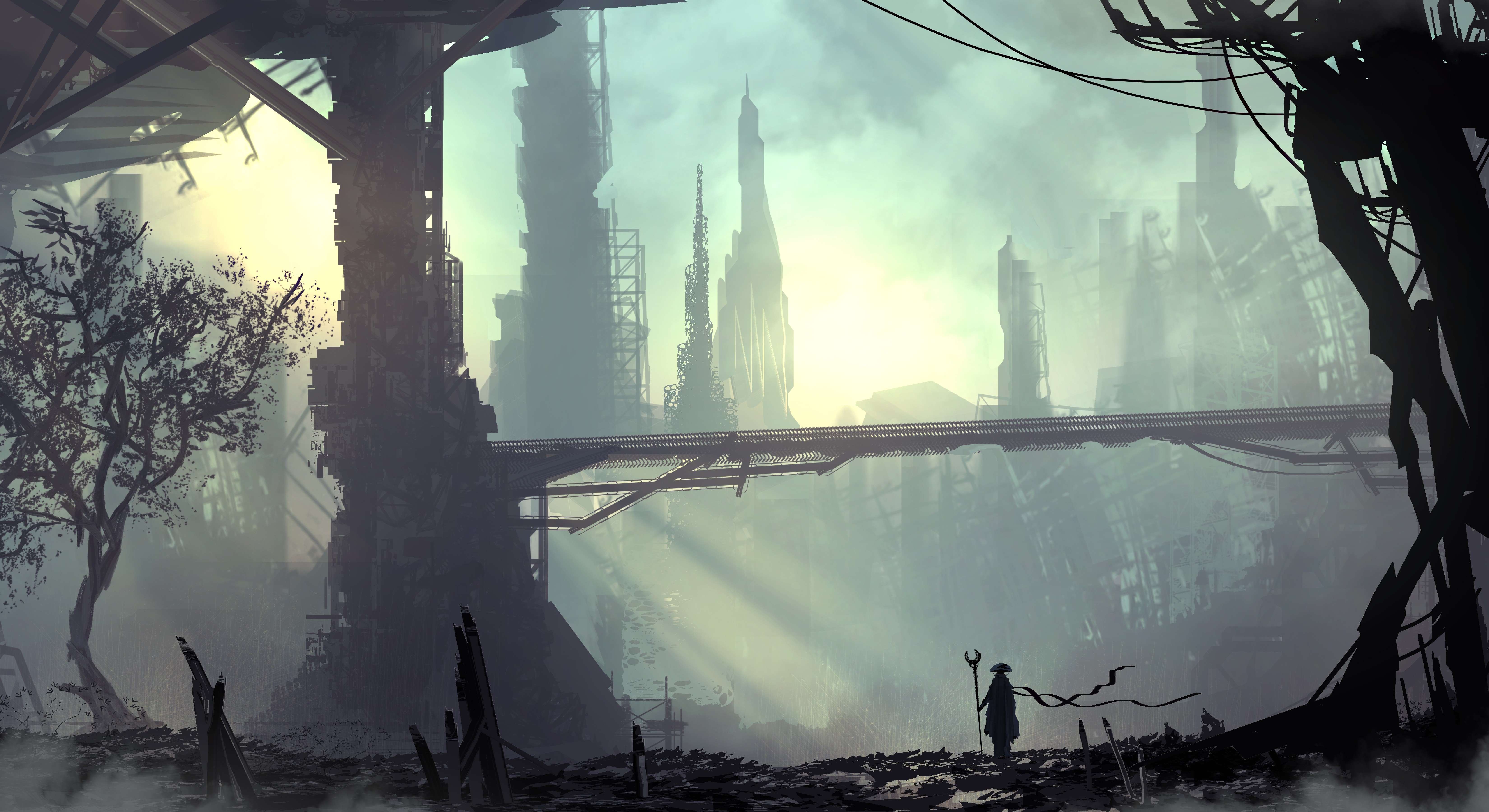 Futuristic city ruins with a lone figure HD Wallpaper