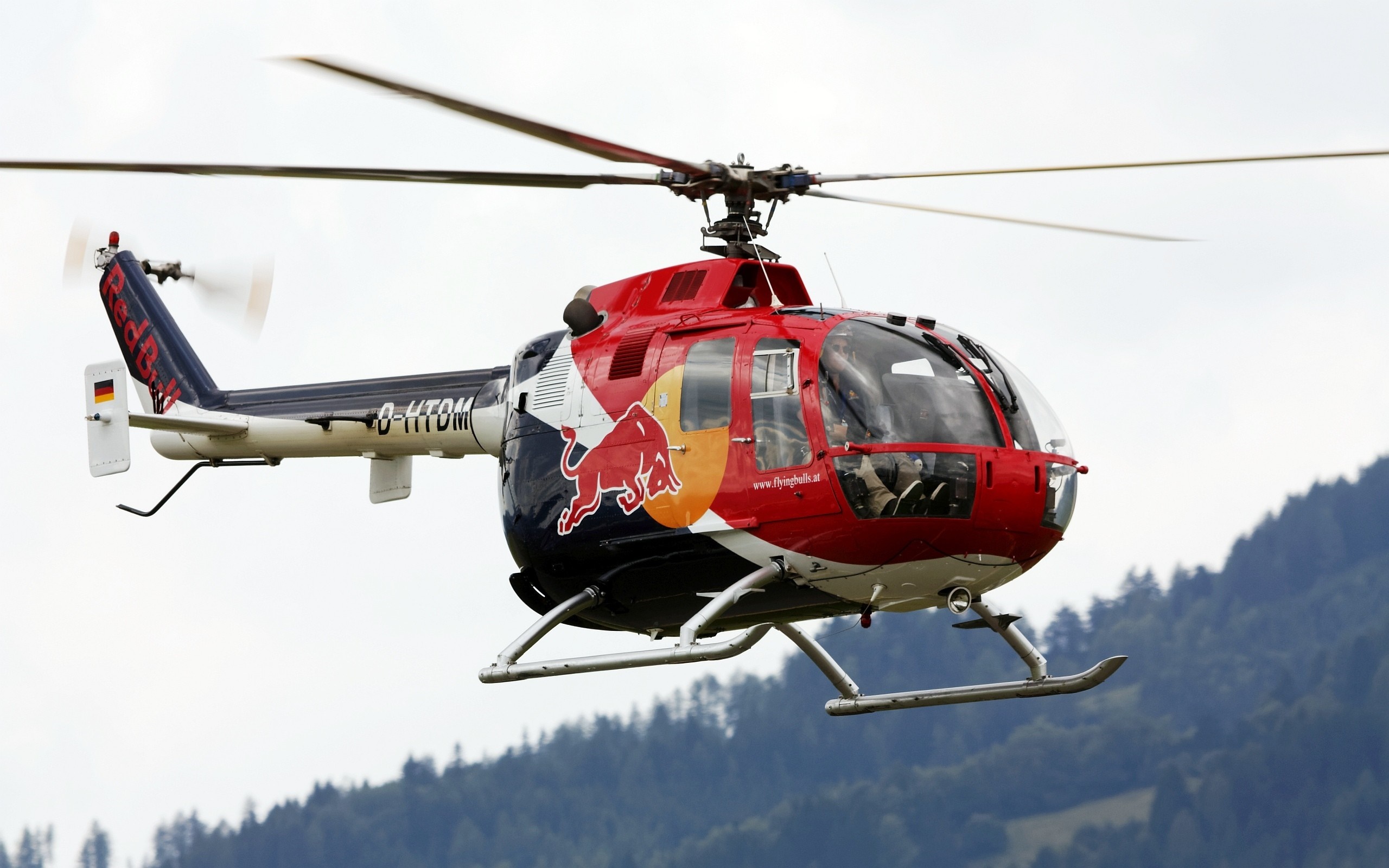 Red Bull helicopter in flight over trees HD Wallpaper