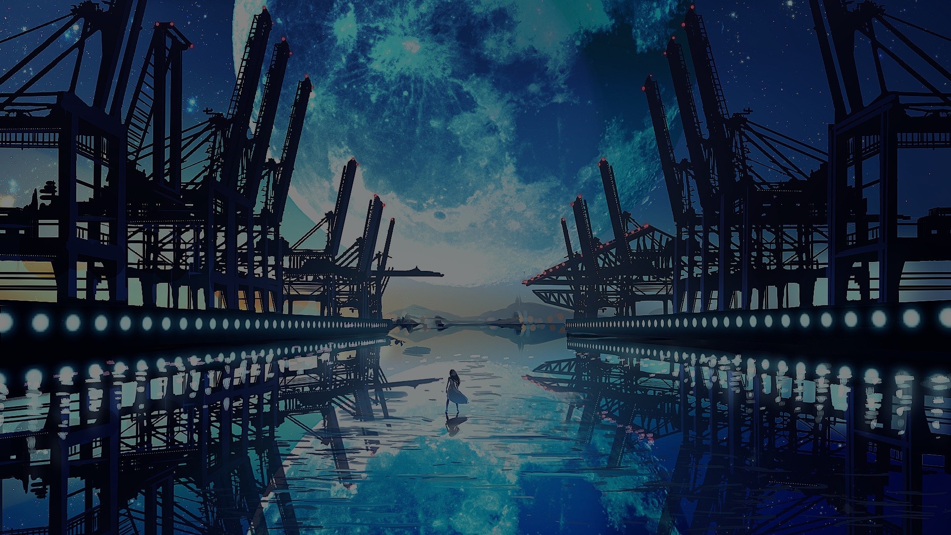Girl walking in a flooded industrial harbor at night HD Wallpaper