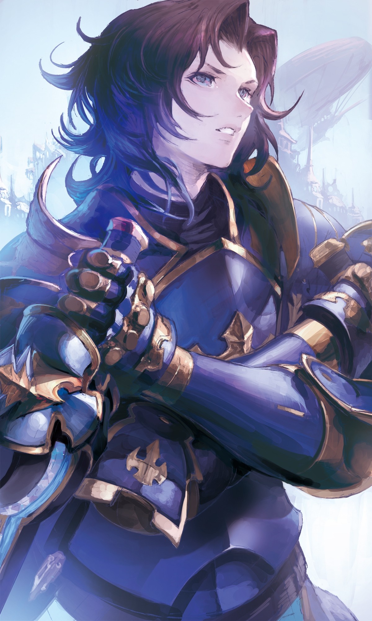 Anime knight in blue and gold armor holding a sword HD Wallpaper