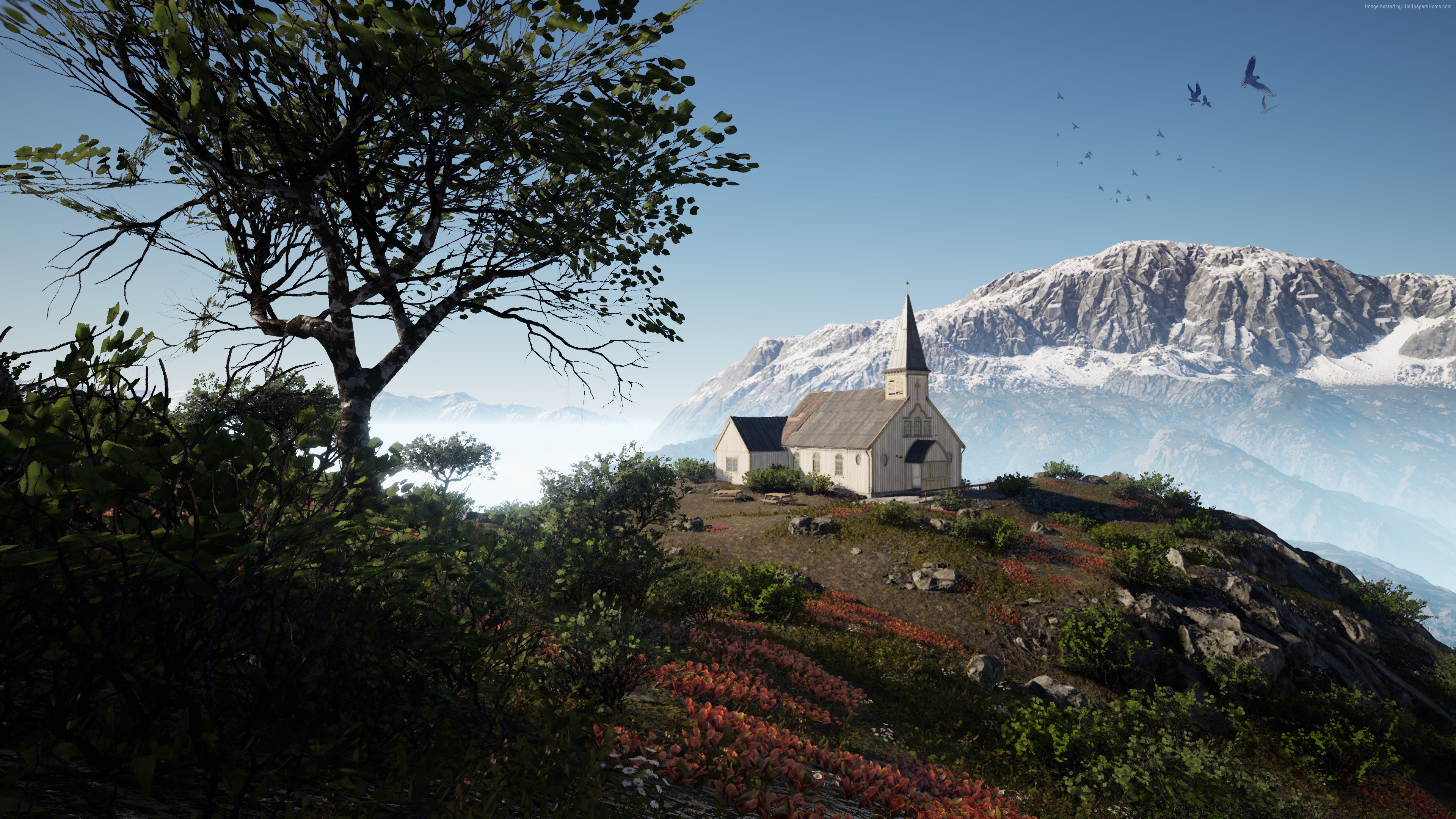 Church on a hill with snowy mountains in the background HD Wallpaper