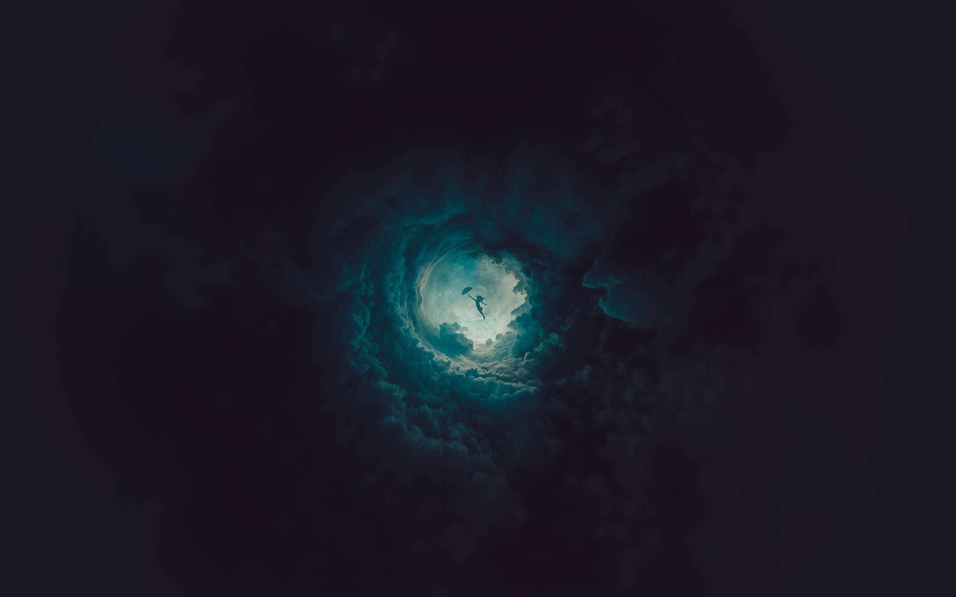 Silhouette of a person with an umbrella falling through clouds HD Wallpaper
