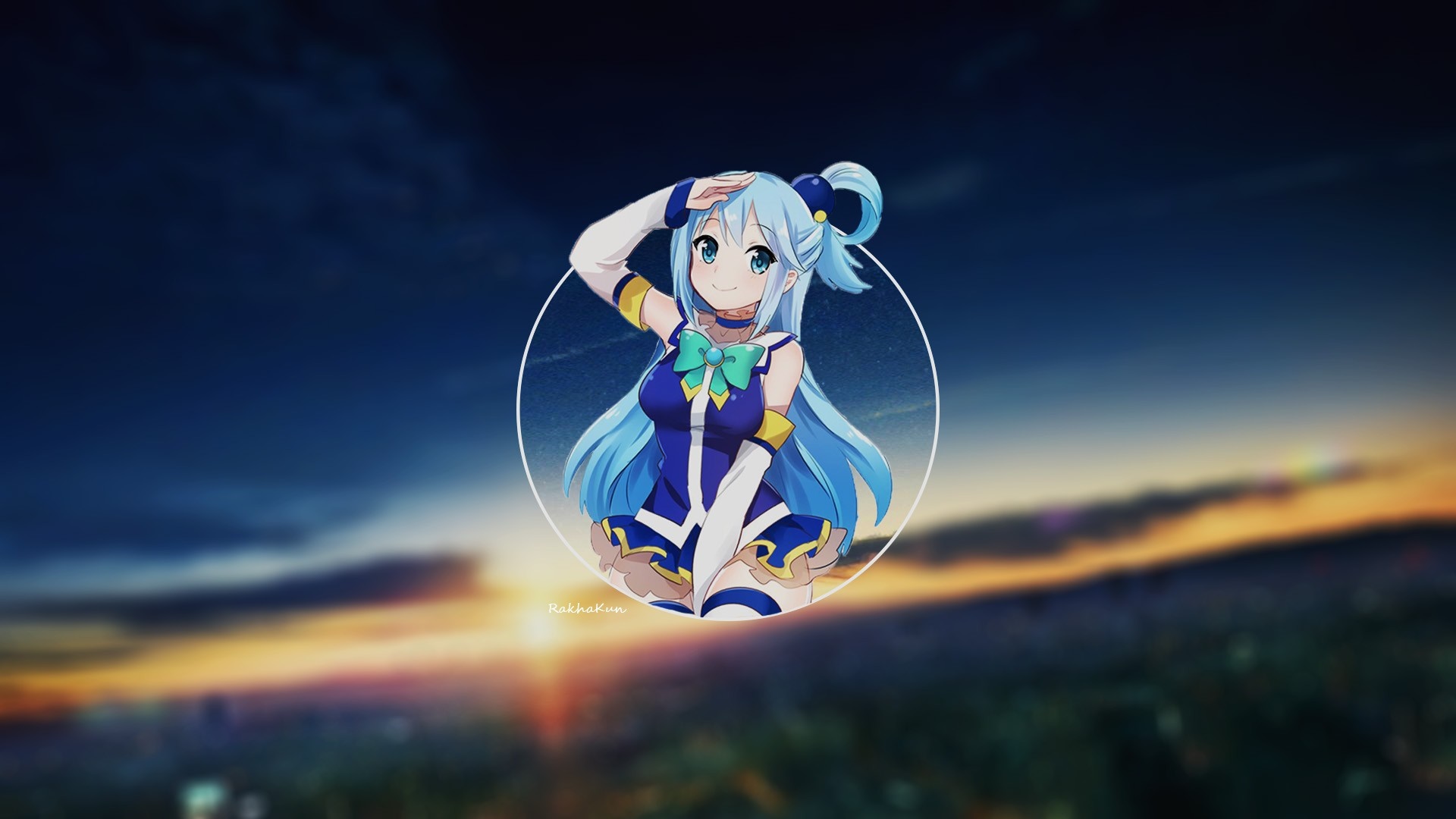 Aqua from KonoSuba in a circle against a sunset city background HD Wallpaper