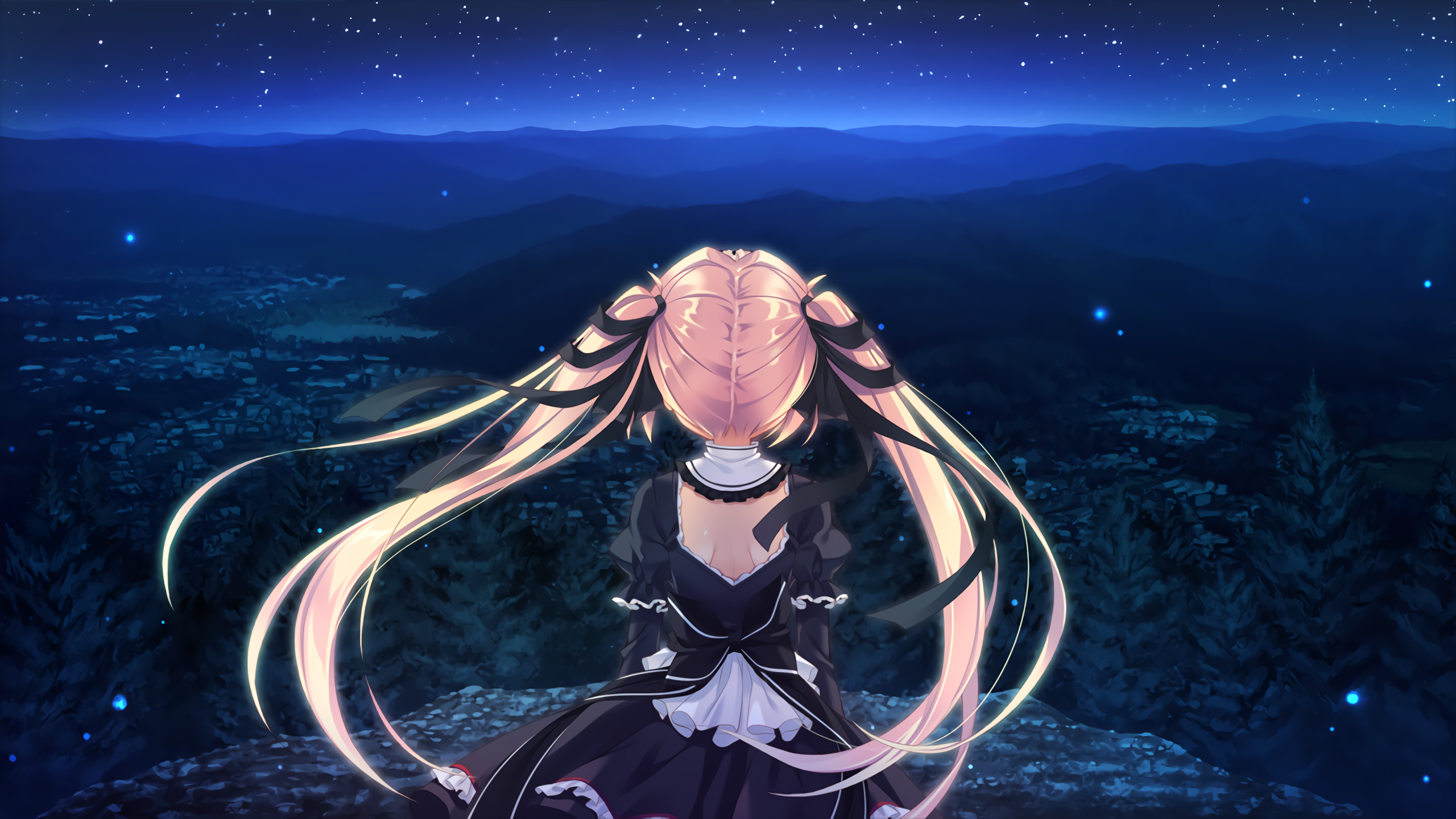 Anime girl with long blonde hair overlooking a starry night landscape HD Wallpaper