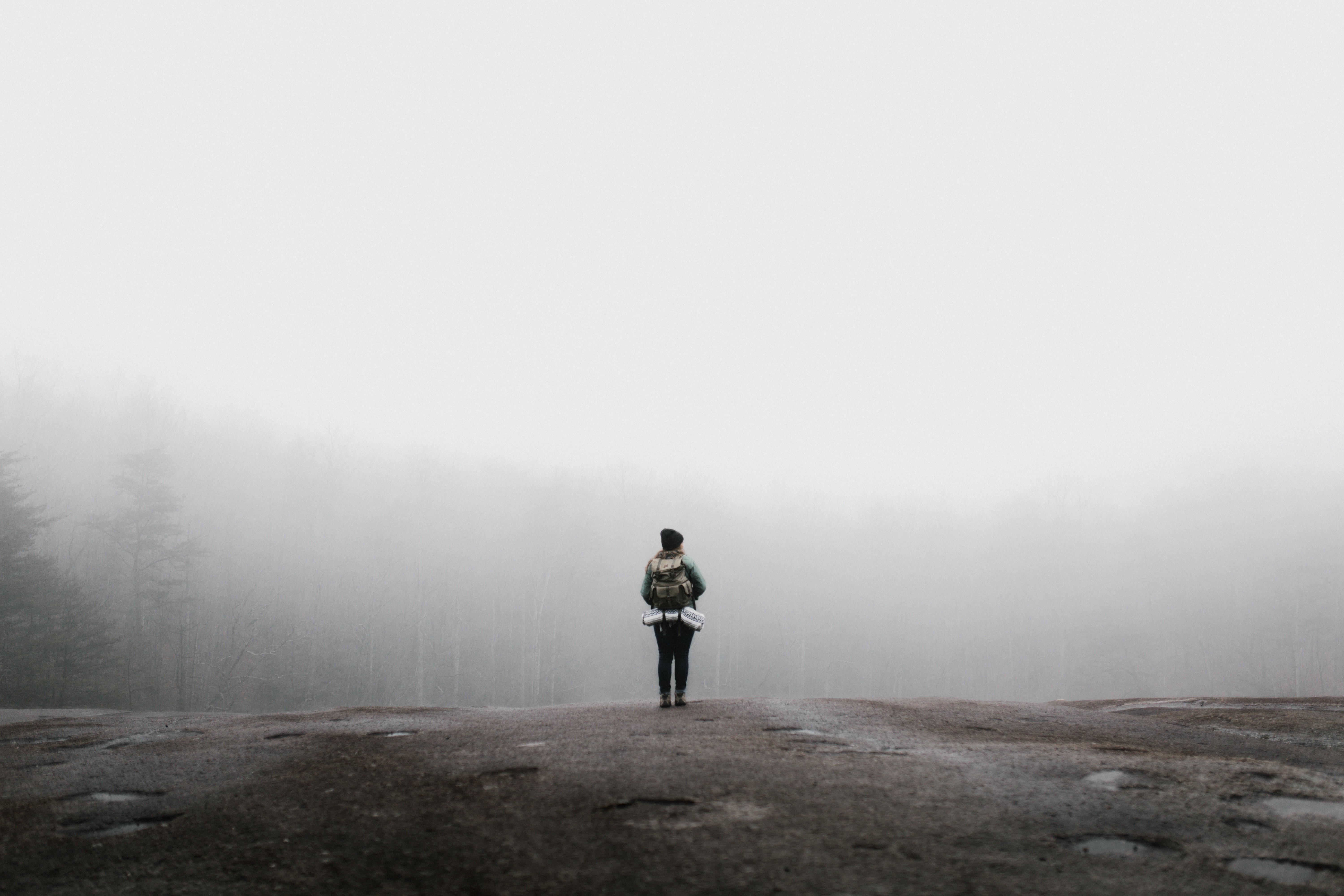 Person with backpack in foggy forest HD Wallpaper