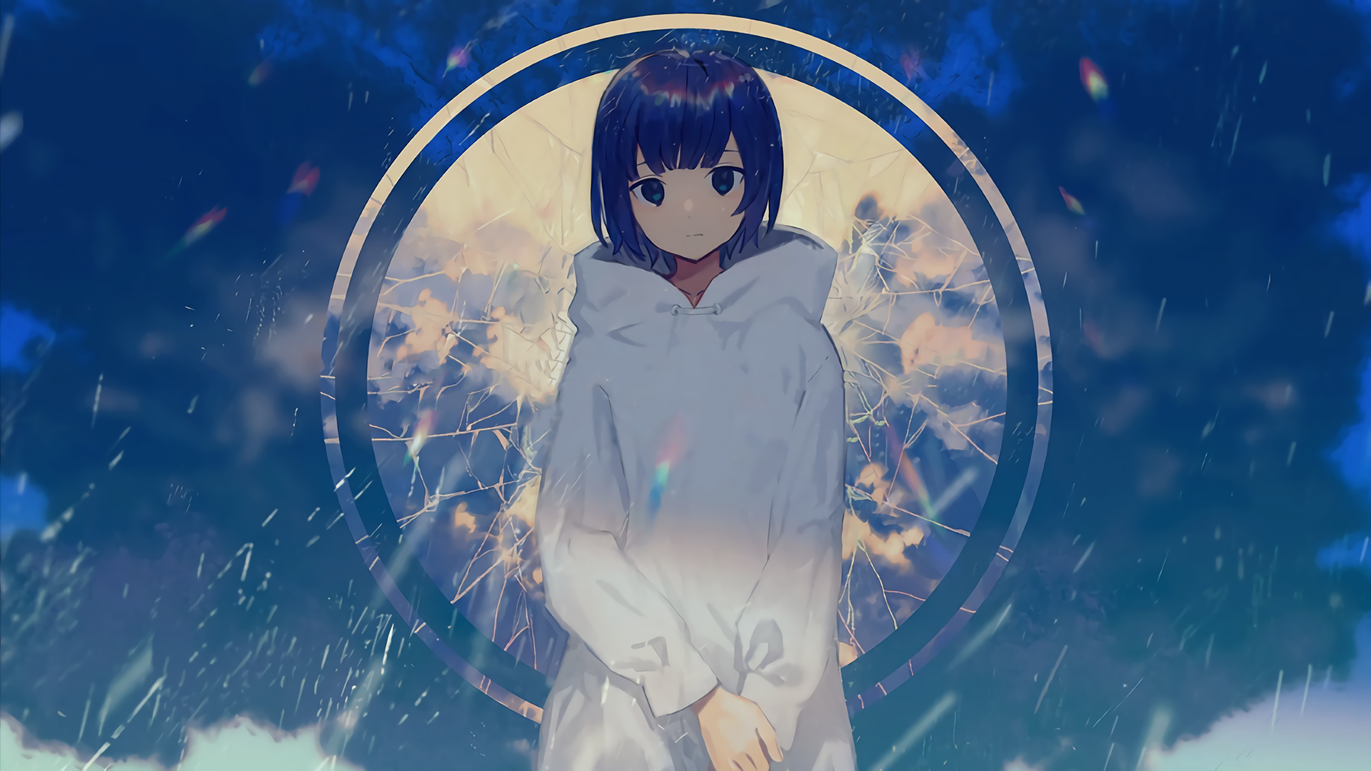 Anime girl in white hoodie with blue hair HD Wallpaper