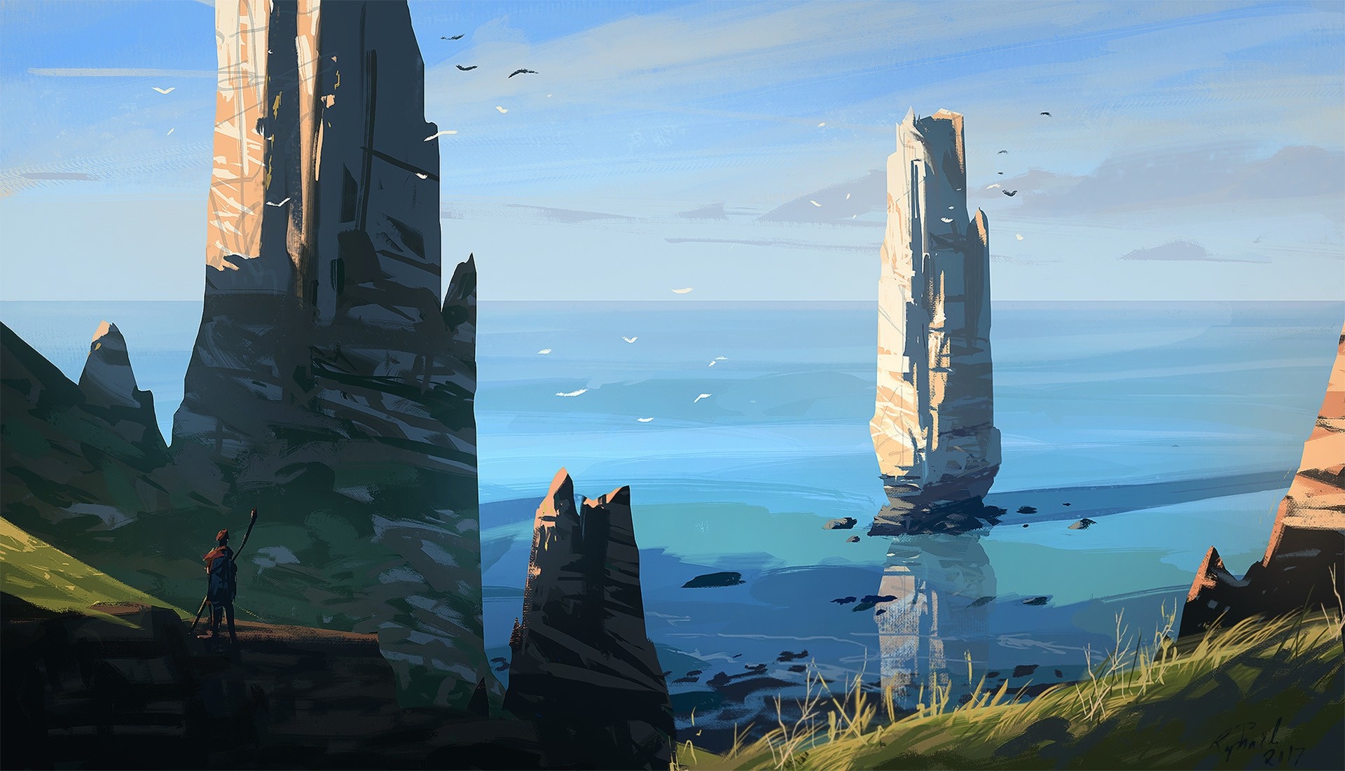 Illustration of a lone figure on a cliff overlooking sea stacks HD Wallpaper