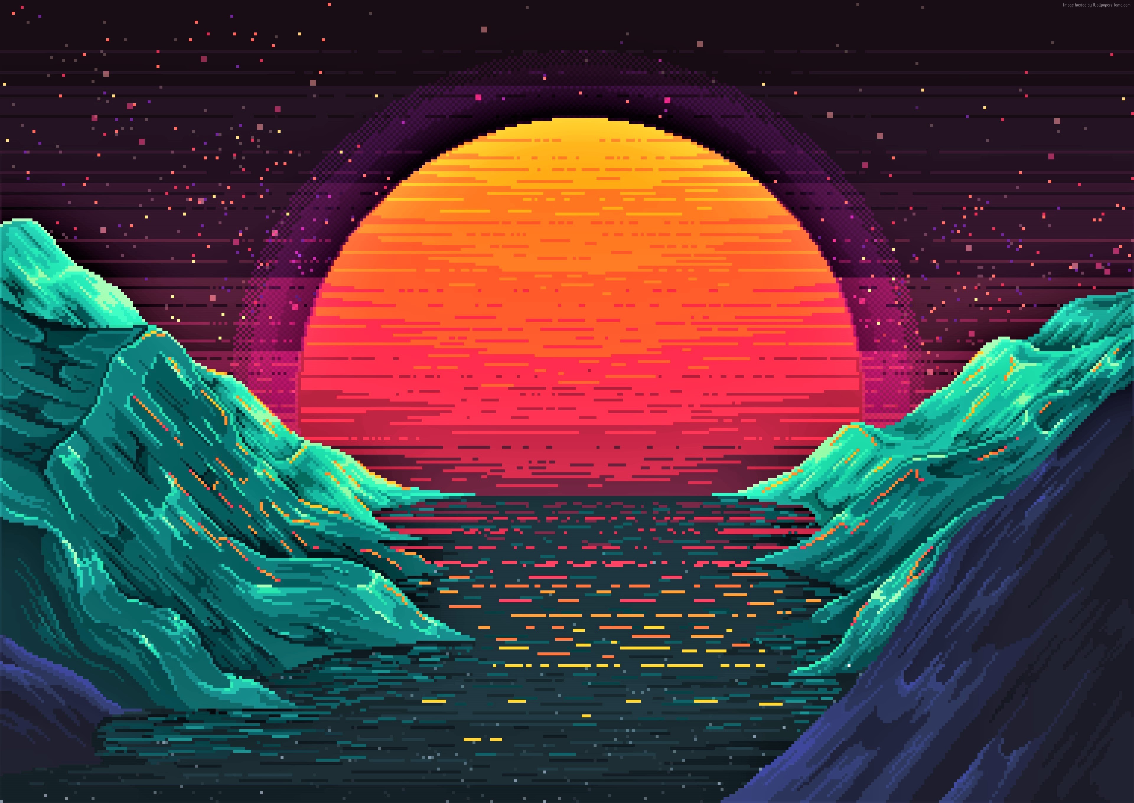 Pixel art sunset over water between mountains HD Wallpaper