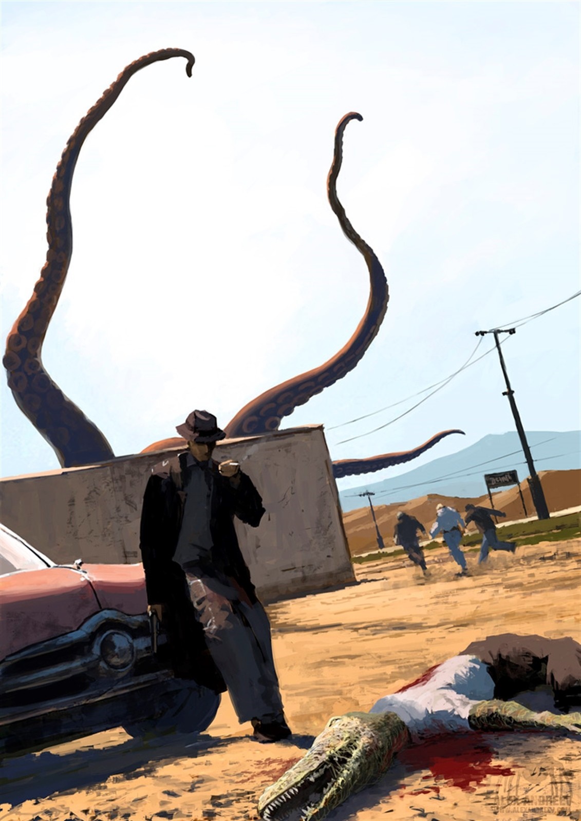 Man in Trench Coat and Tentacles with Dead Alligator HD Wallpaper