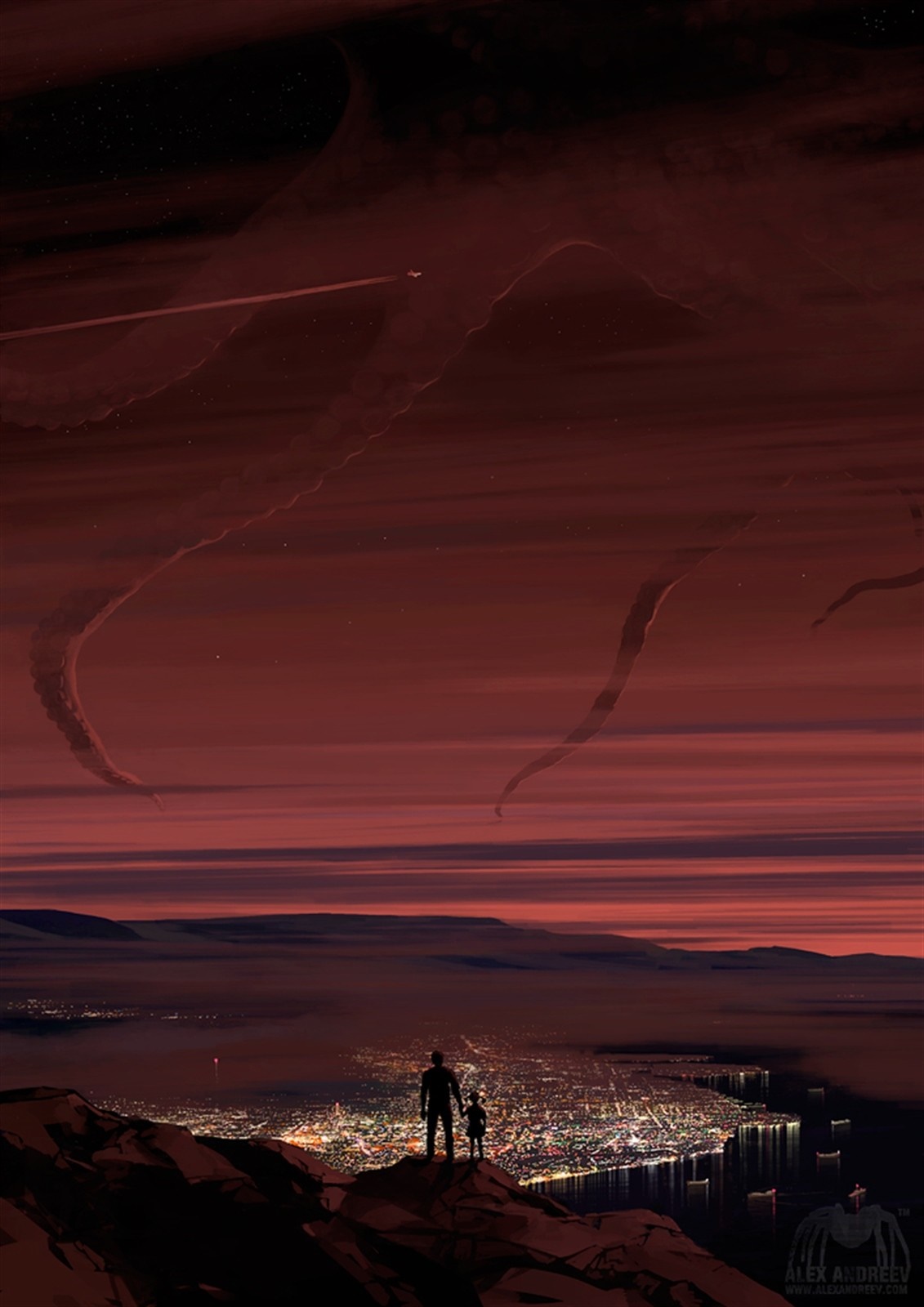 Two figures overlook a city at dusk with colossal tentacles in the sky HD Wallpaper