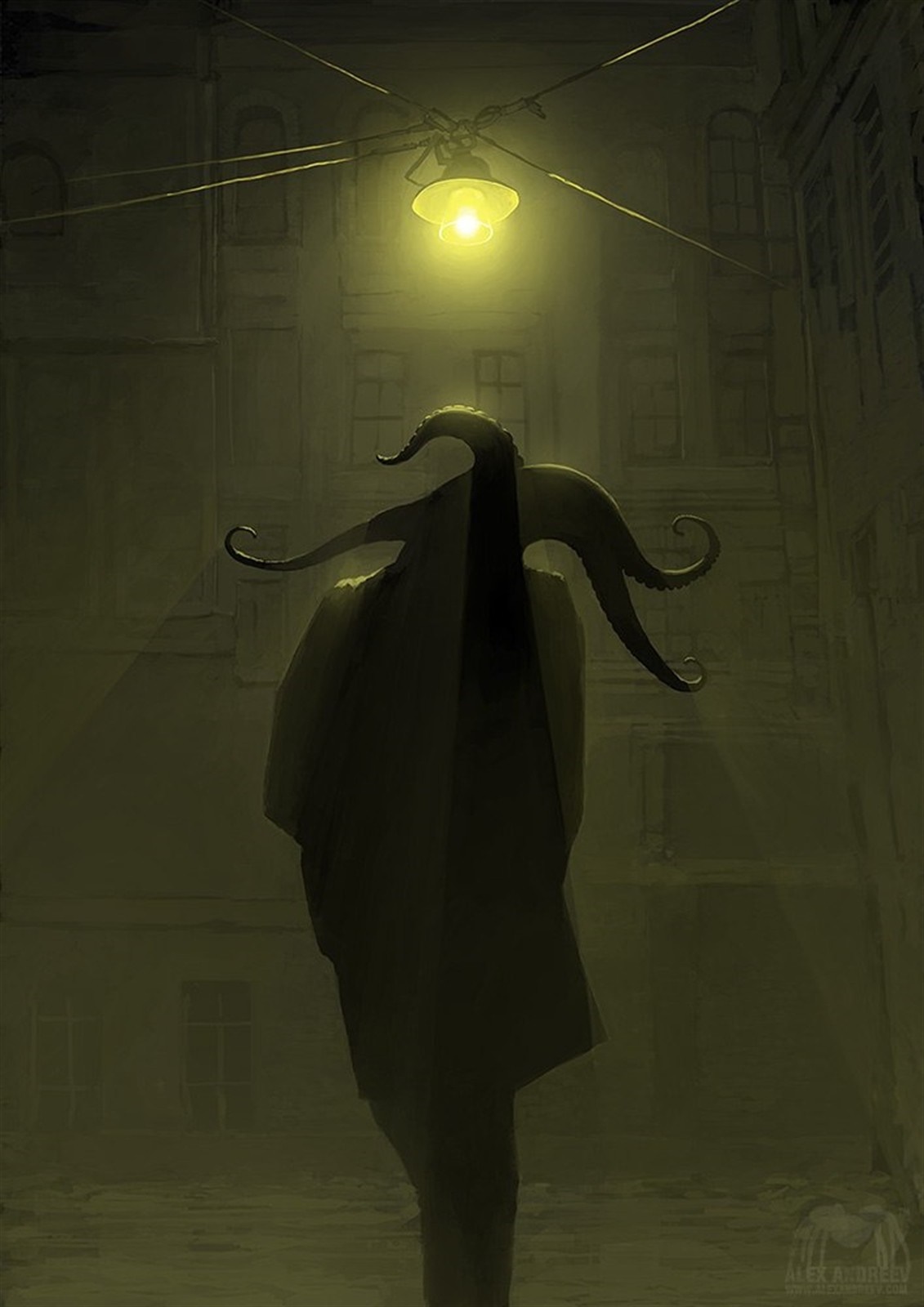 Surreal artwork of a cloaked figure with tentacles under a streetlamp HD Wallpaper