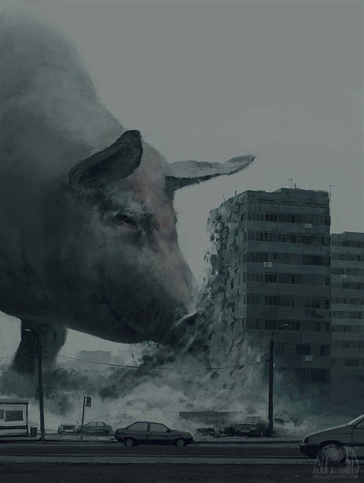 Giant pig destroying a city, artwork by Alexey Andreev HD Wallpaper