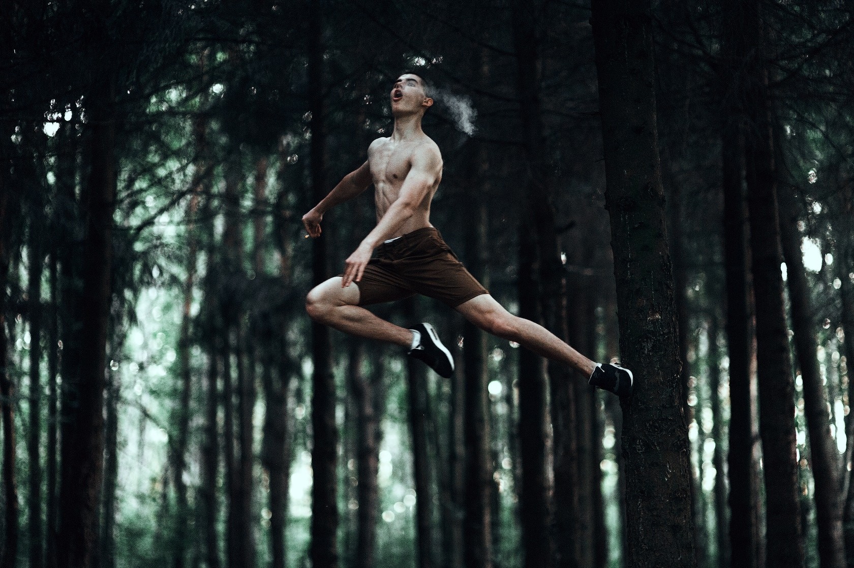 Man jumping in a dark forest HD Wallpaper