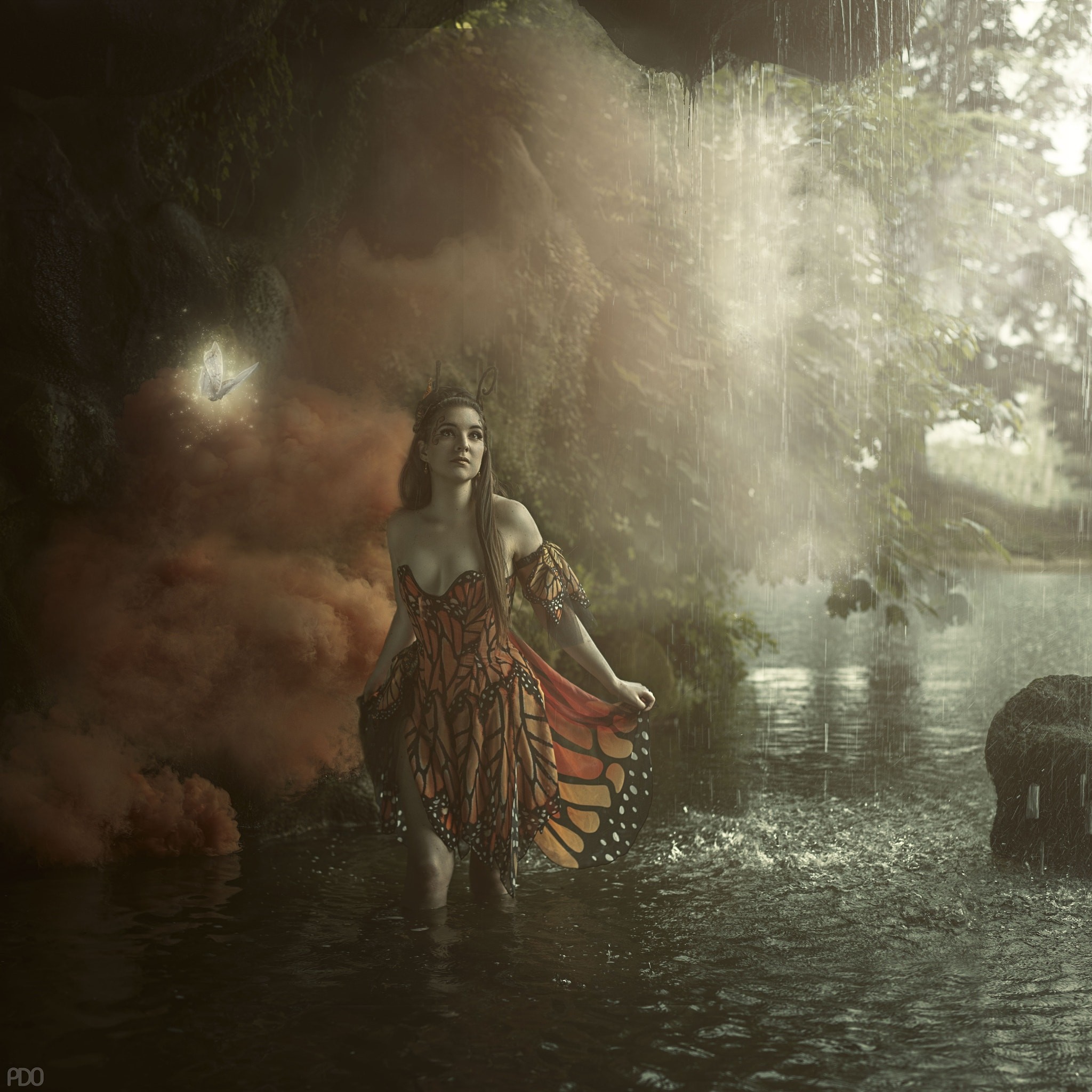 Woman in butterfly dress in a misty forest HD Wallpaper