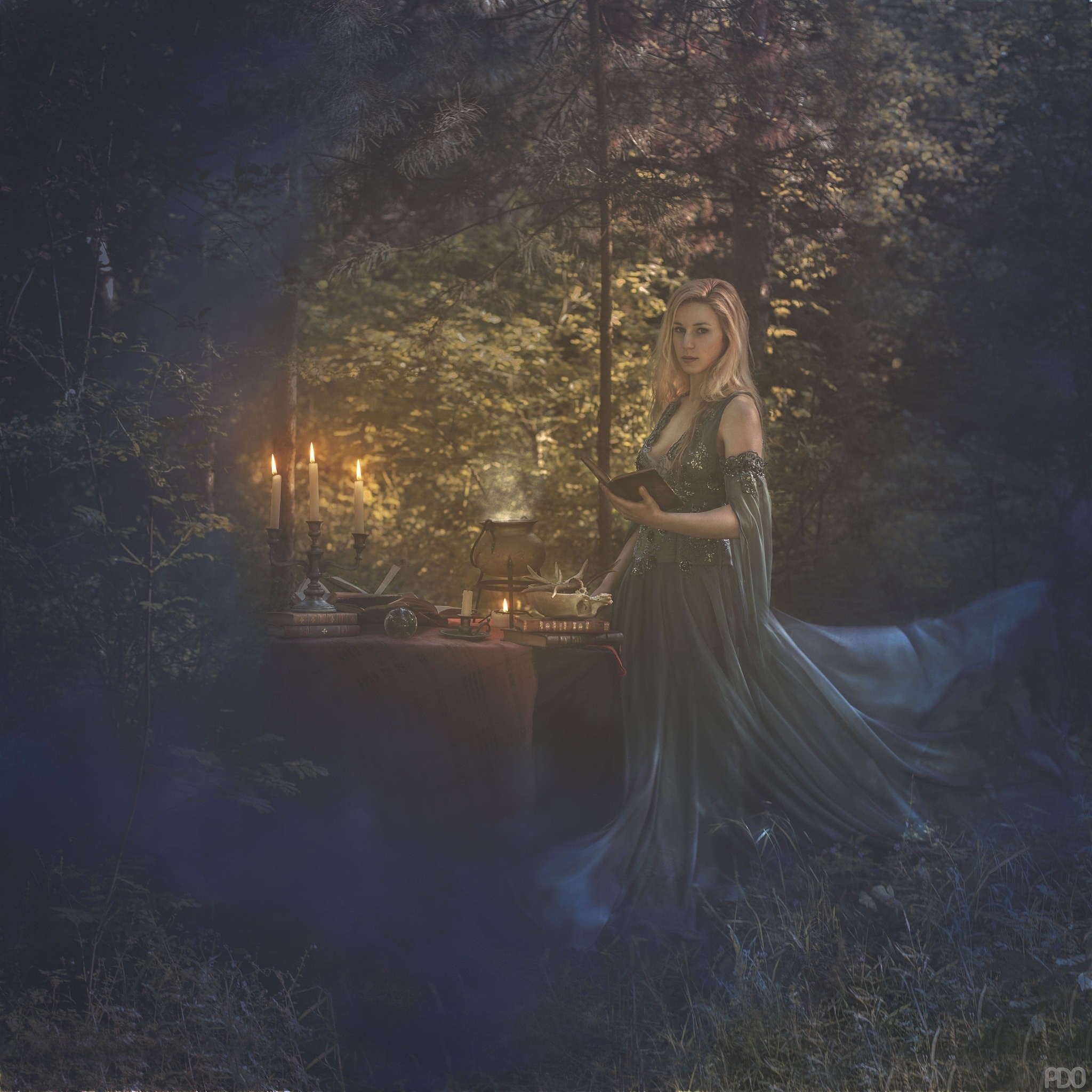 Woman in a dress reading a book in a forest HD Wallpaper