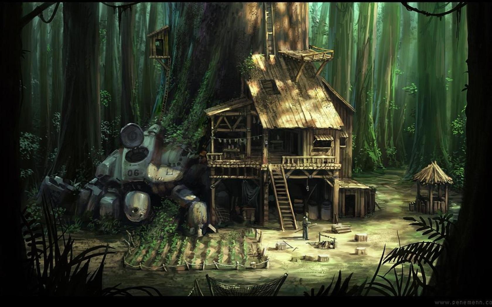 Robot and wooden house in a dense forest HD Wallpaper