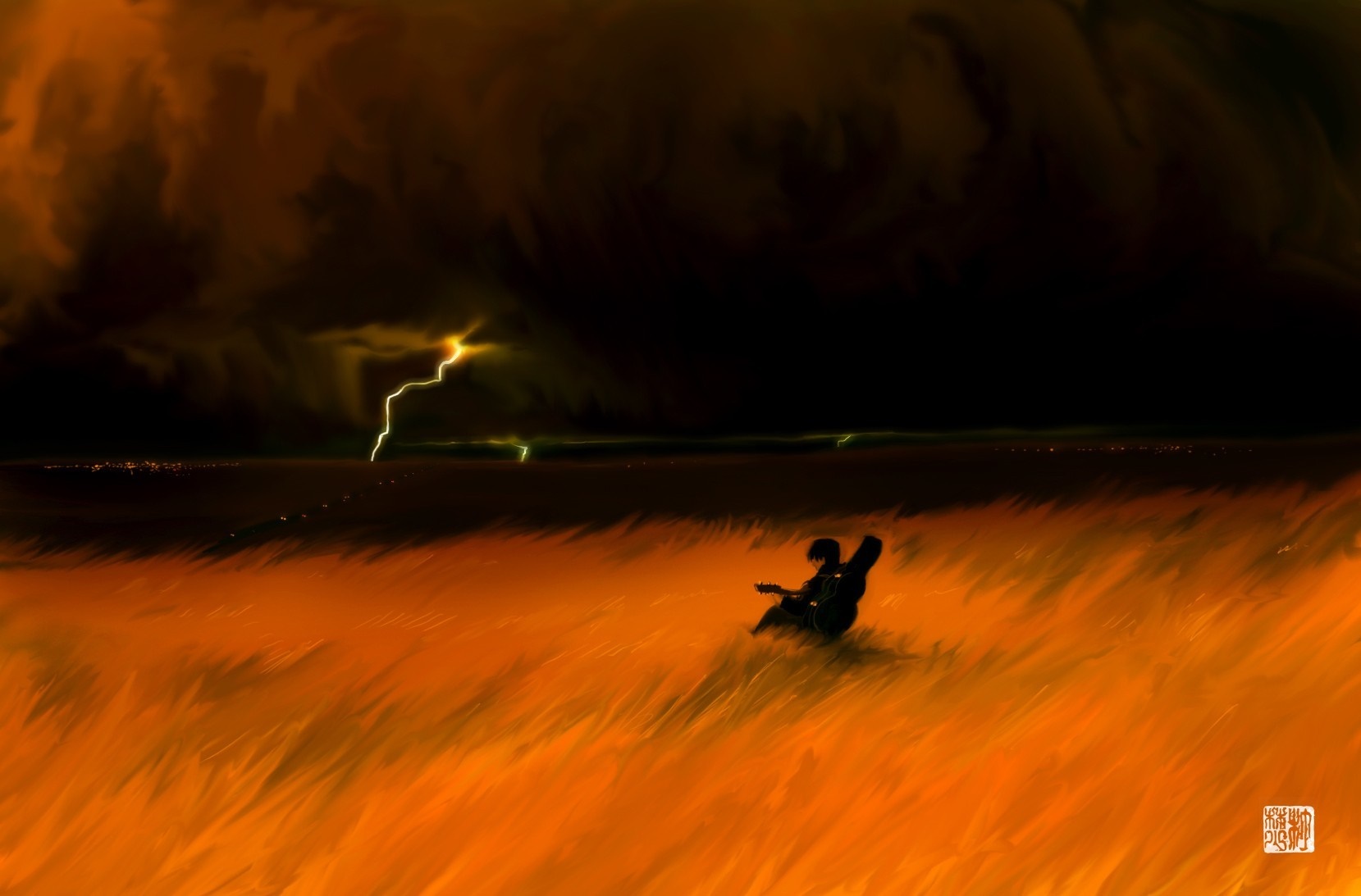 Silhouette of a person playing guitar in a field during a thunderstorm HD Wallpaper