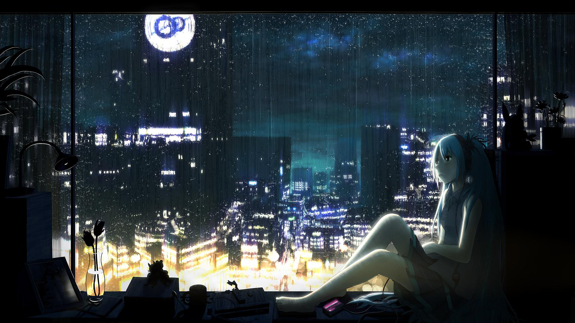 Anime girl with headphones looking out window at rainy city HD Wallpaper