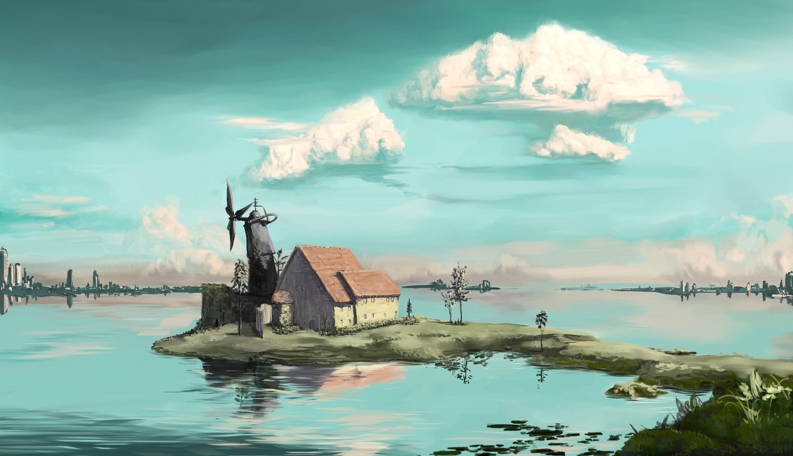 Island with windmill and buildings in a calm sea HD Wallpaper