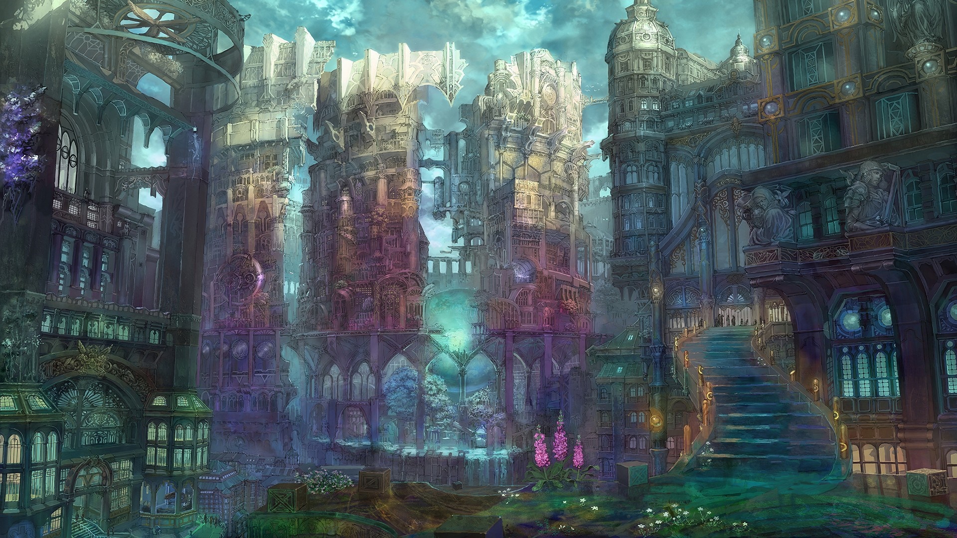 Anime cityscape with Gothic architecture and a grand staircase HD Wallpaper