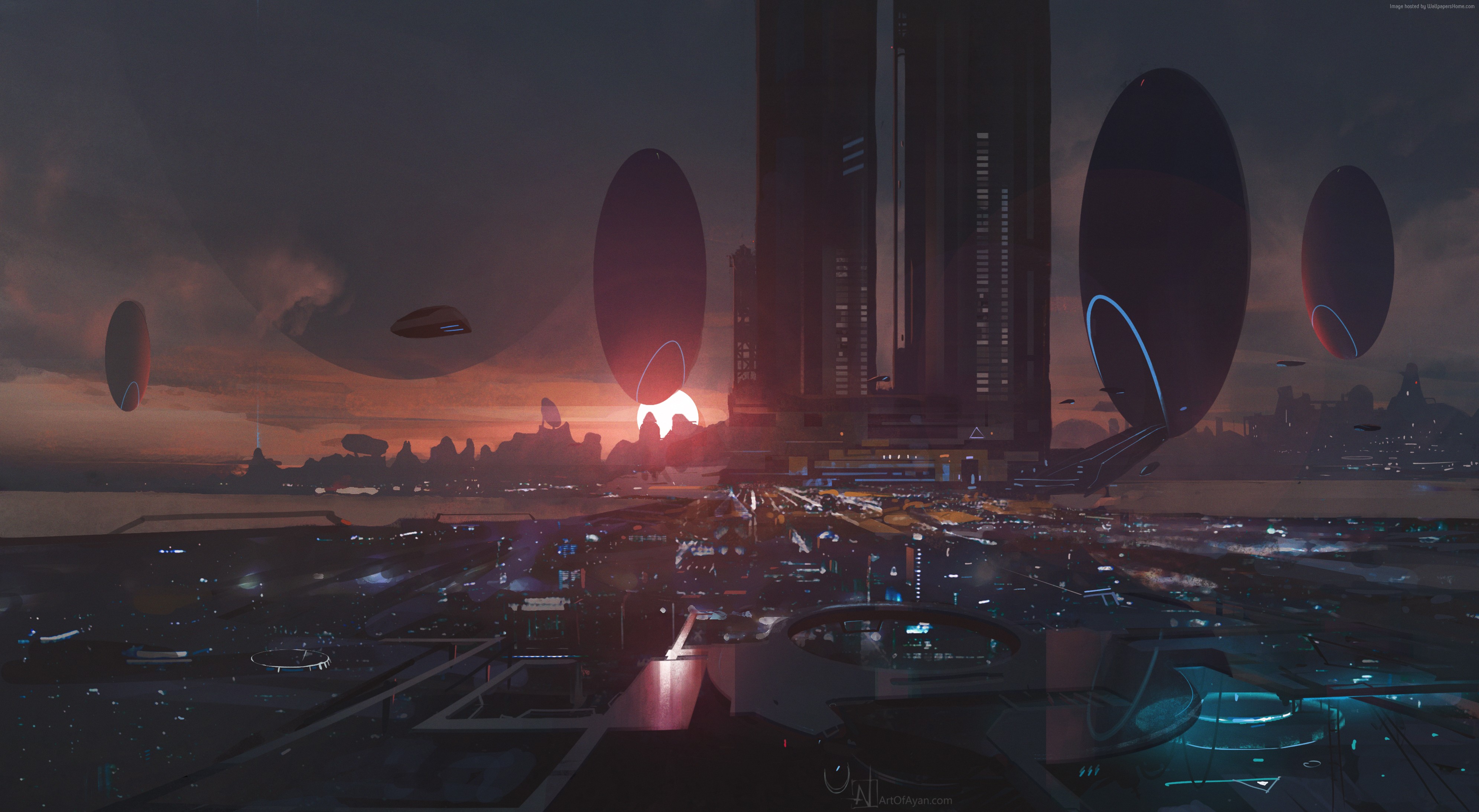 Futuristic Cityscape at Sunset with Flying Objects HD Wallpaper
