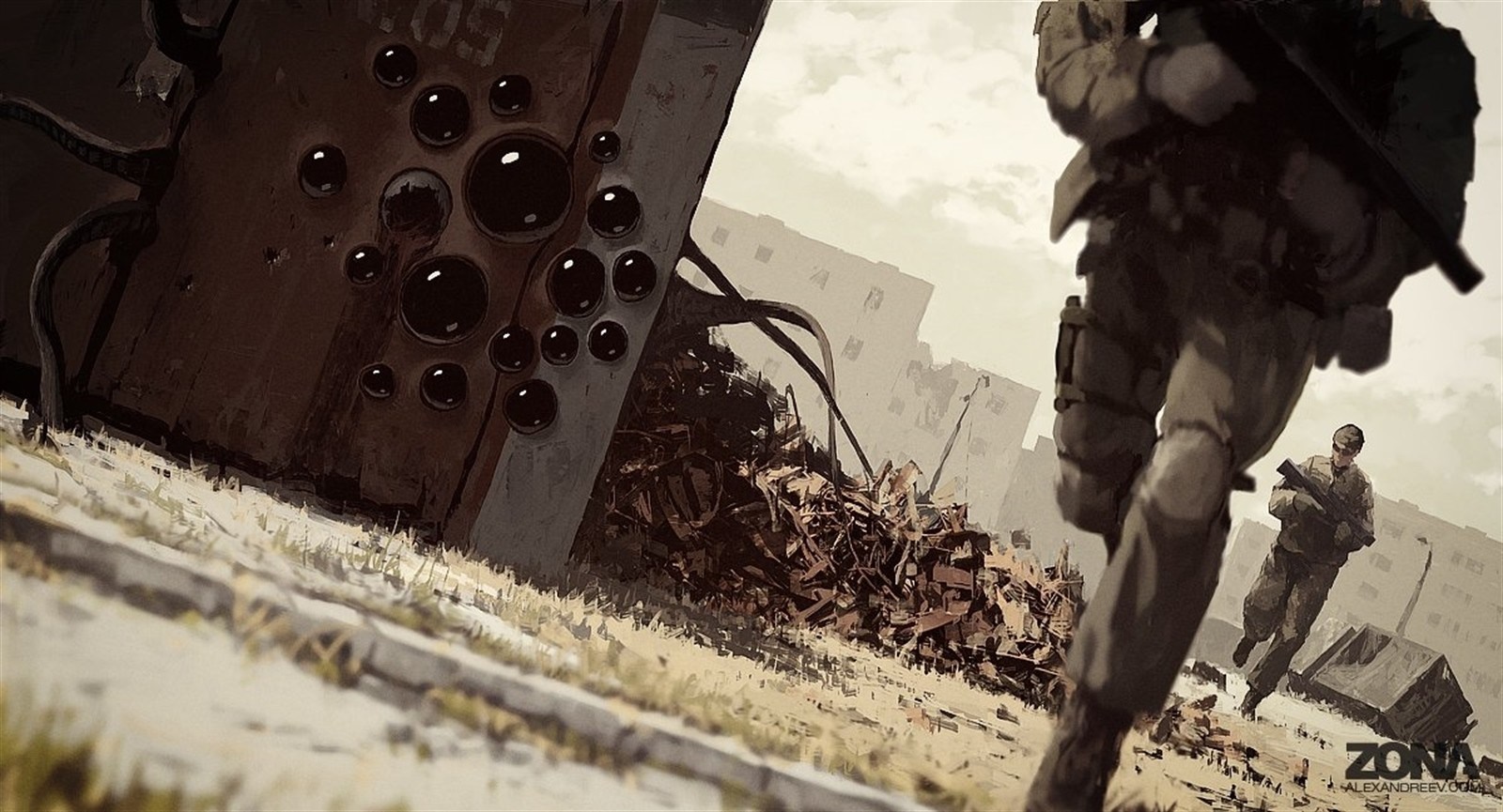 Artwork of soldiers in a ruined city with a strange object HD Wallpaper