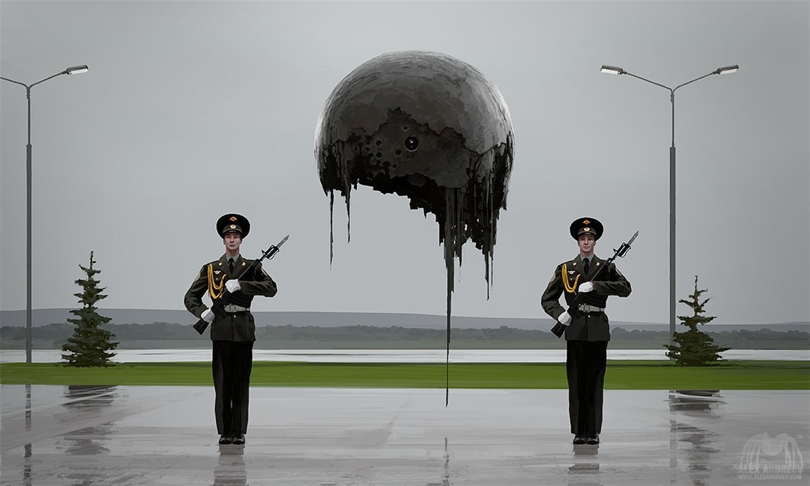 Surreal concept art of two guards and a floating orb HD Wallpaper