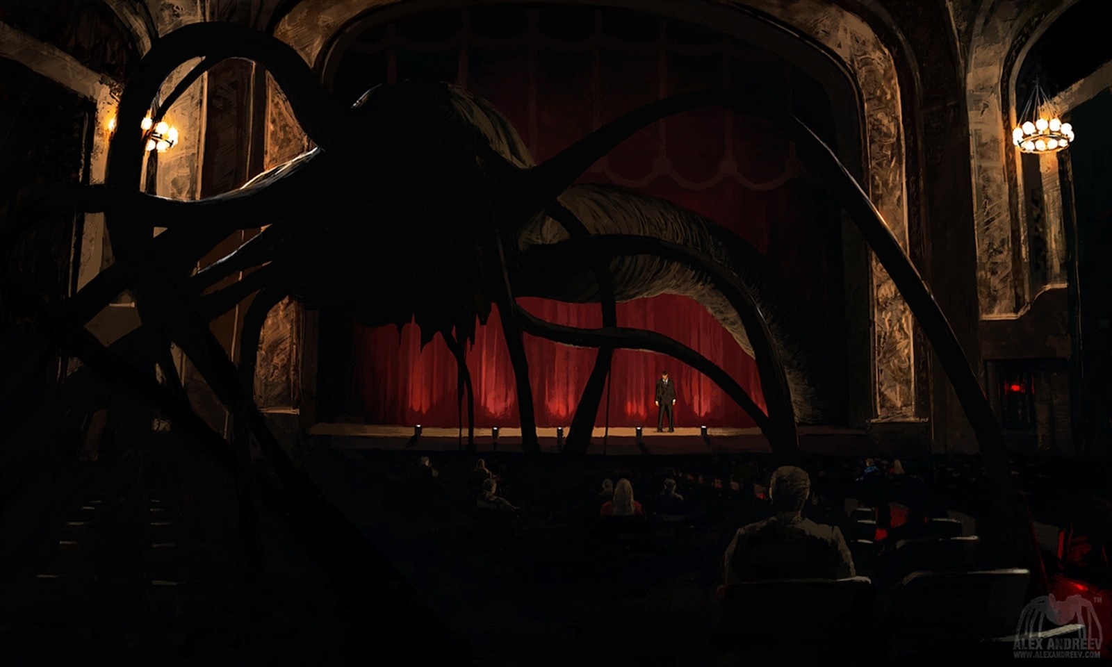 Giant creature in a theater with a man on stage HD Wallpaper