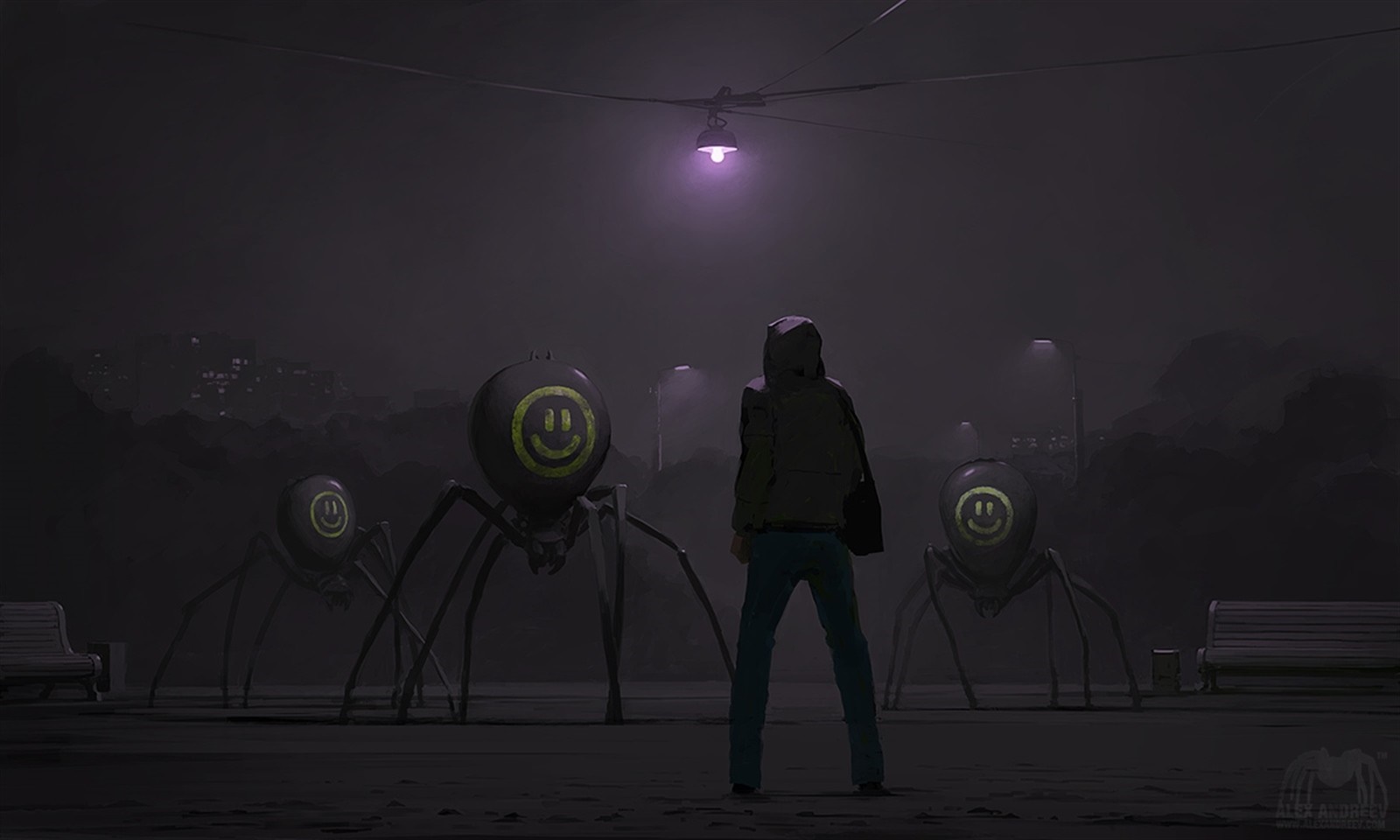 Person facing spider-like robots with smiley faces at night HD Wallpaper