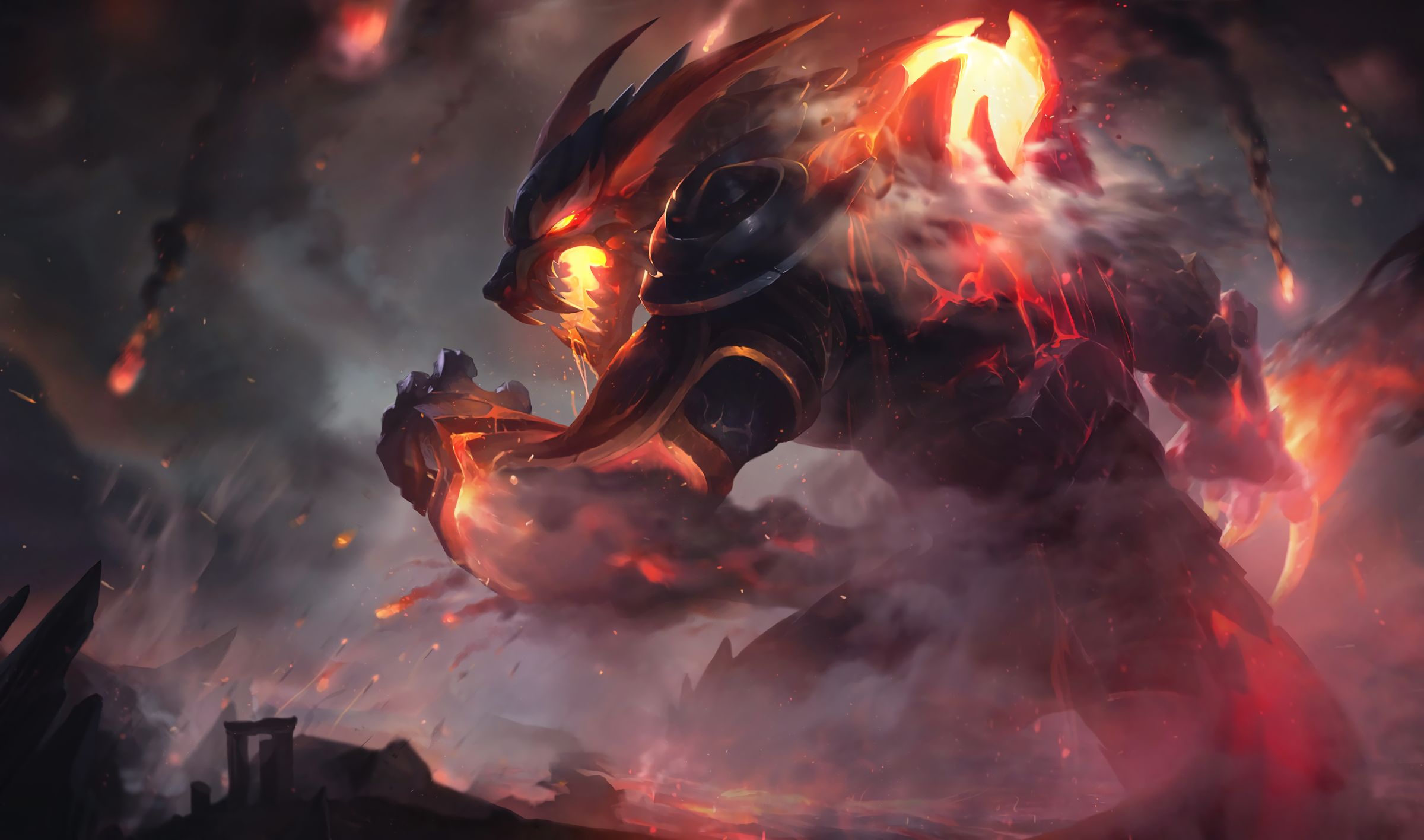 Warwick from League of Legends in a fiery landscape HD Wallpaper