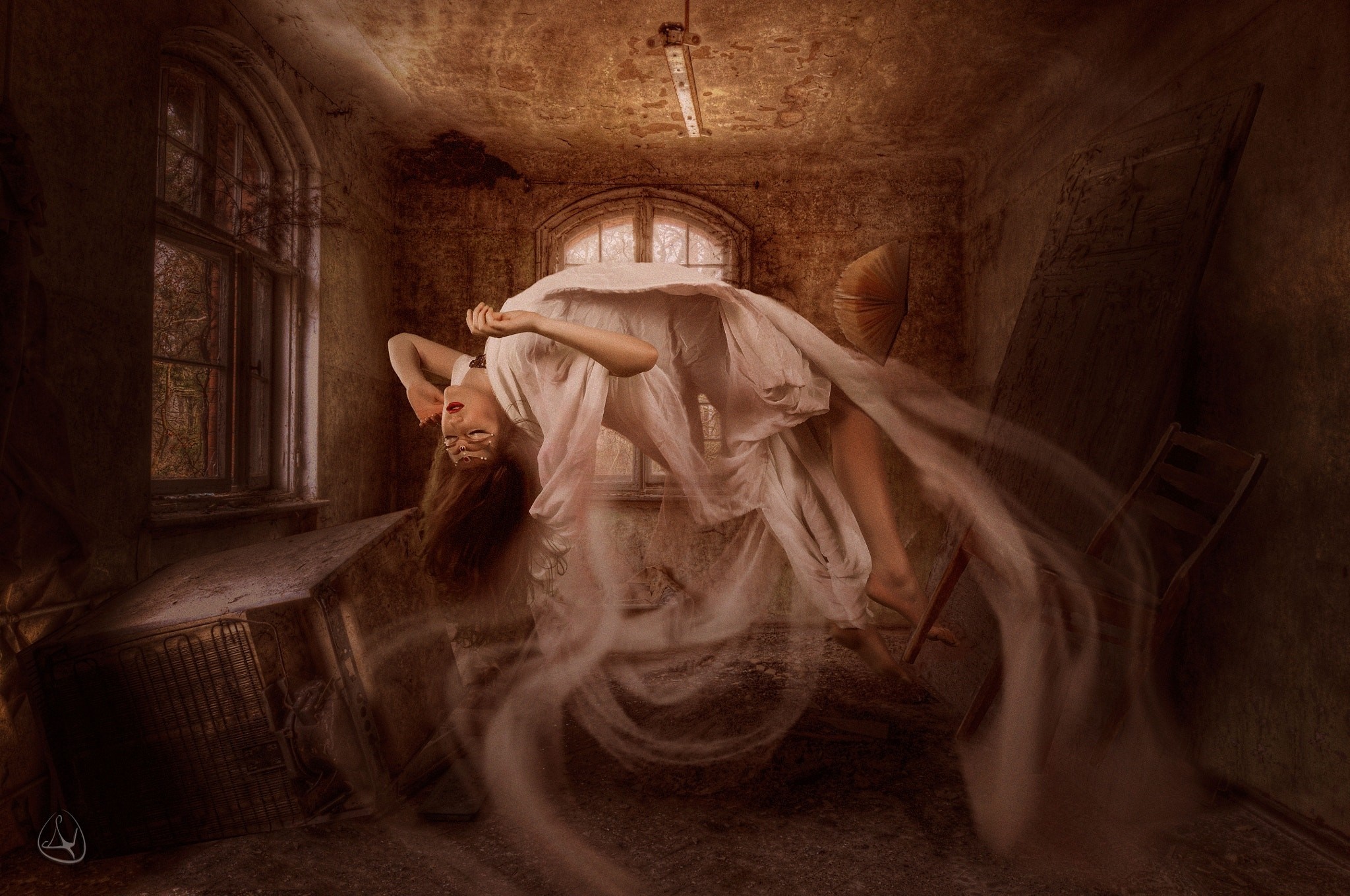Woman floating in abandoned room by Nikolas Verano HD Wallpaper