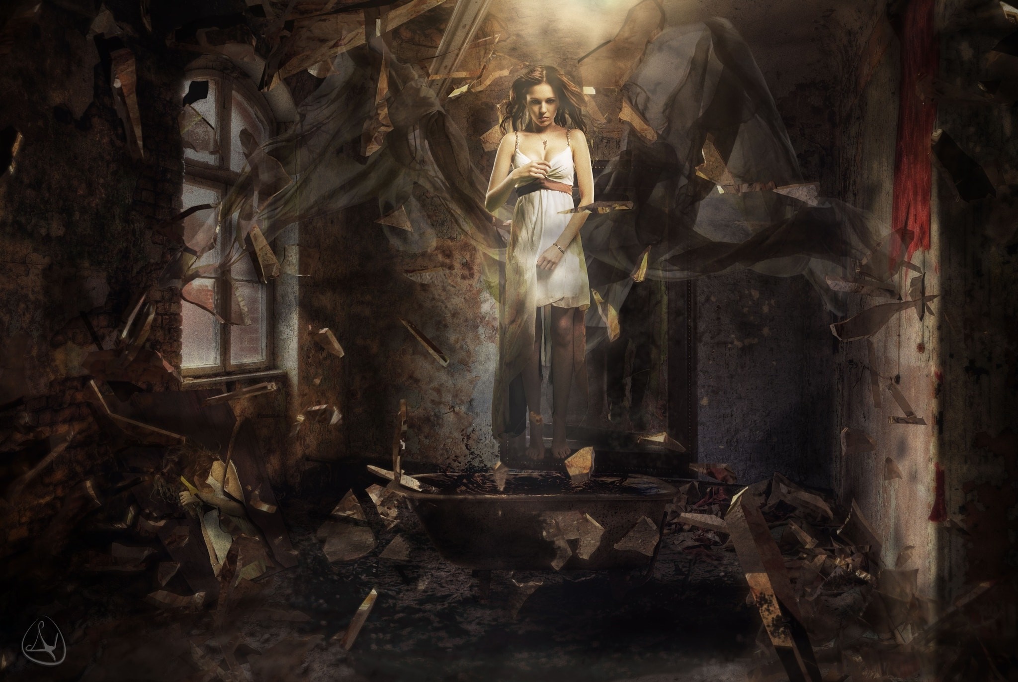 Woman in a white dress in a destroyed room HD Wallpaper