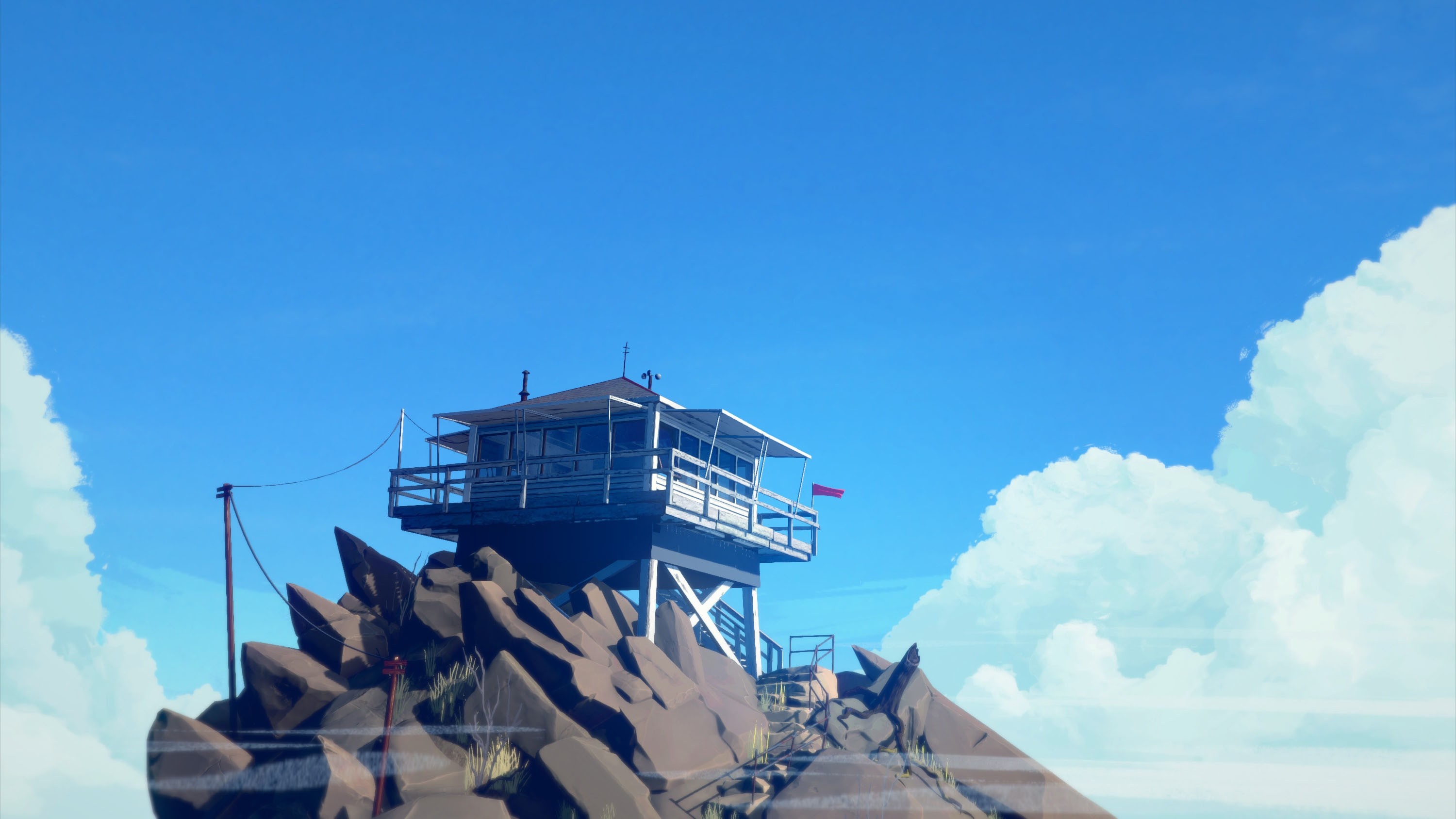 Firewatch tower on a rocky mountain peak HD Wallpaper