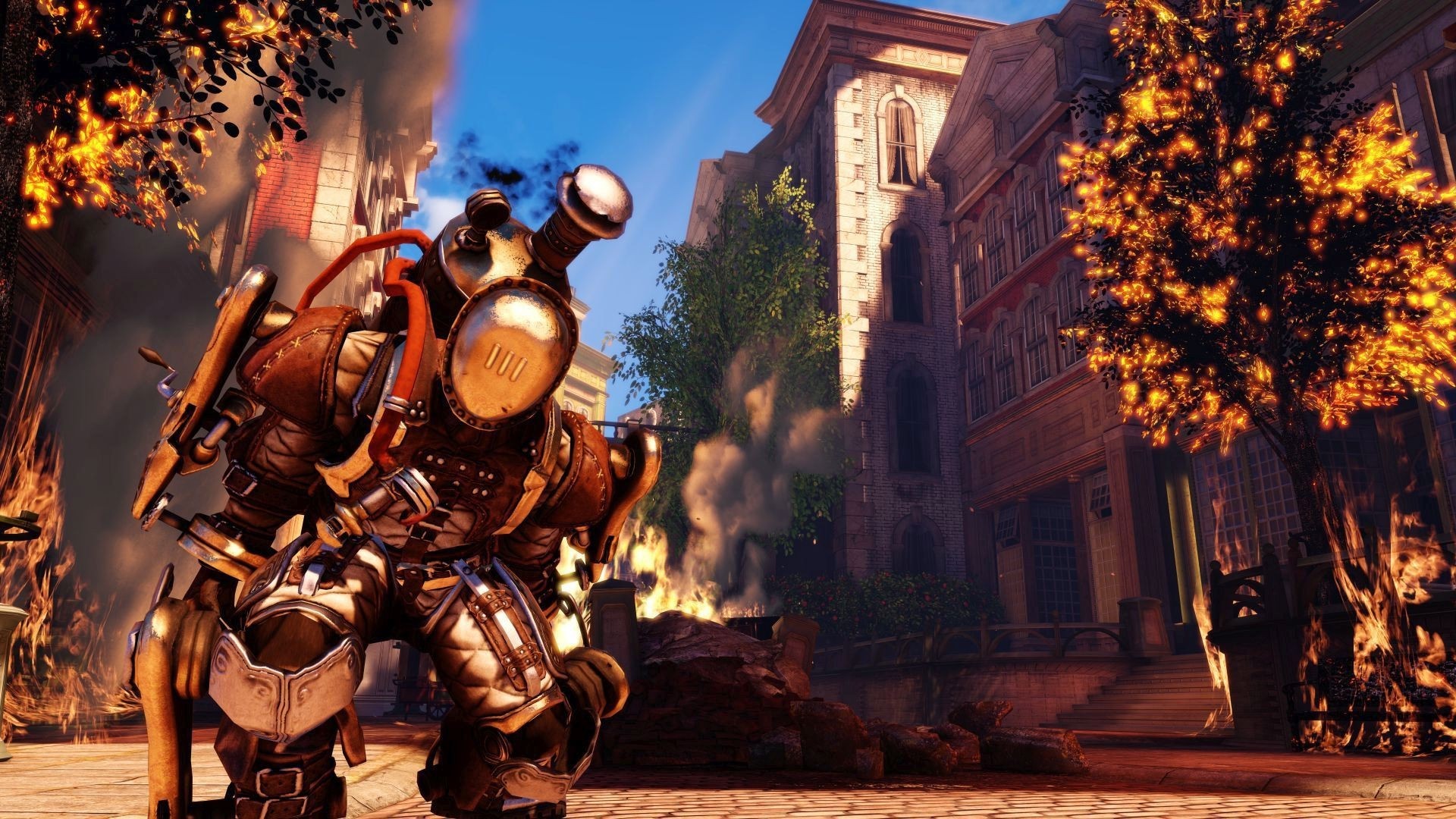Robot from BioShock in a burning city HD Wallpaper
