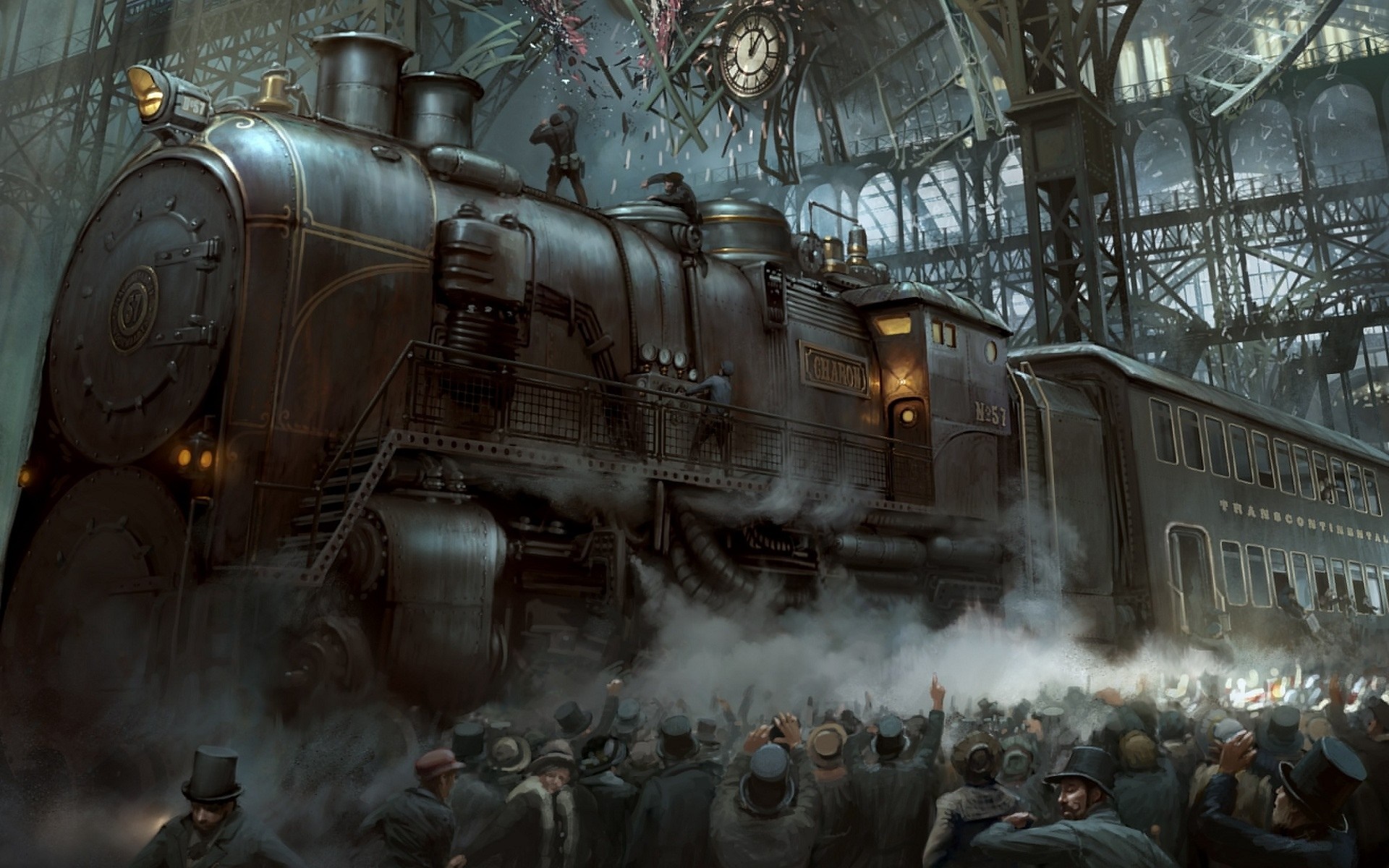 Steampunk train in a station with a crowd HD Wallpaper