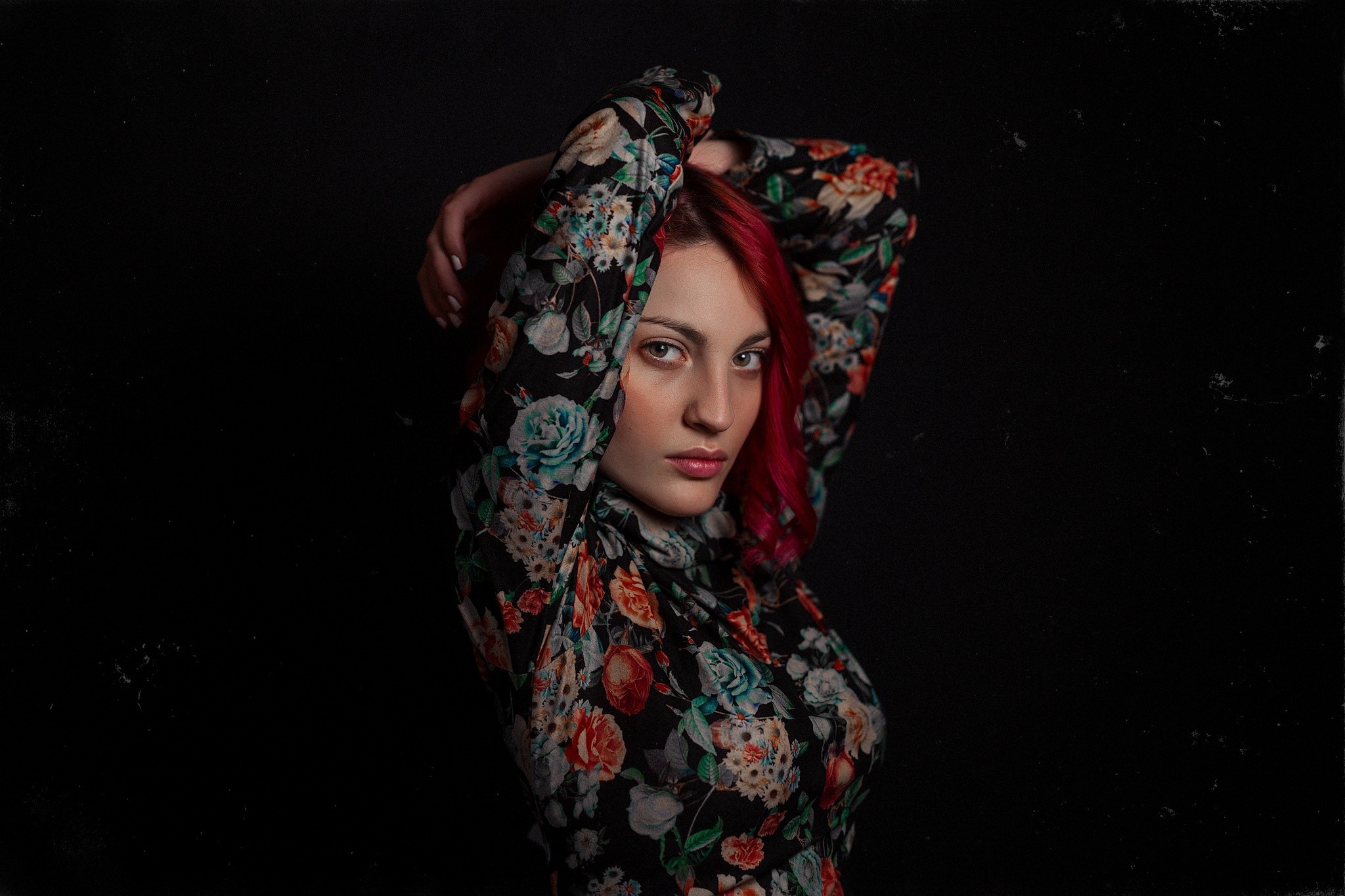 Redhead woman in floral dress with arms up HD Wallpaper